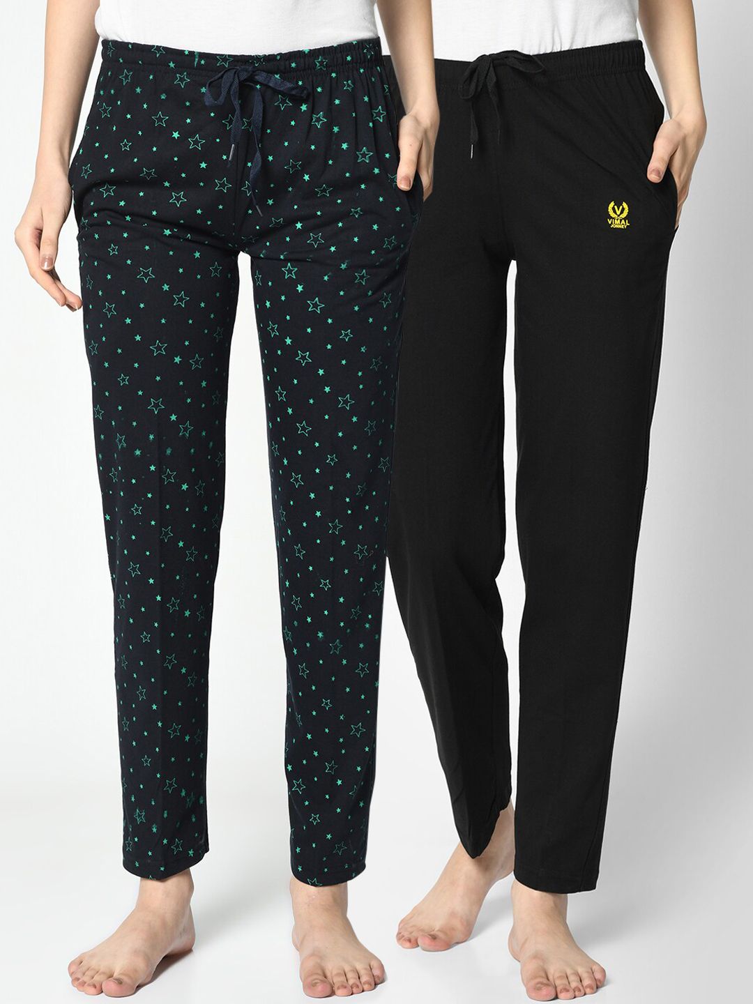 VIMAL JONNEY Women Pack Of 2 Black & Navy Blue Printed Lounge Pants Price in India