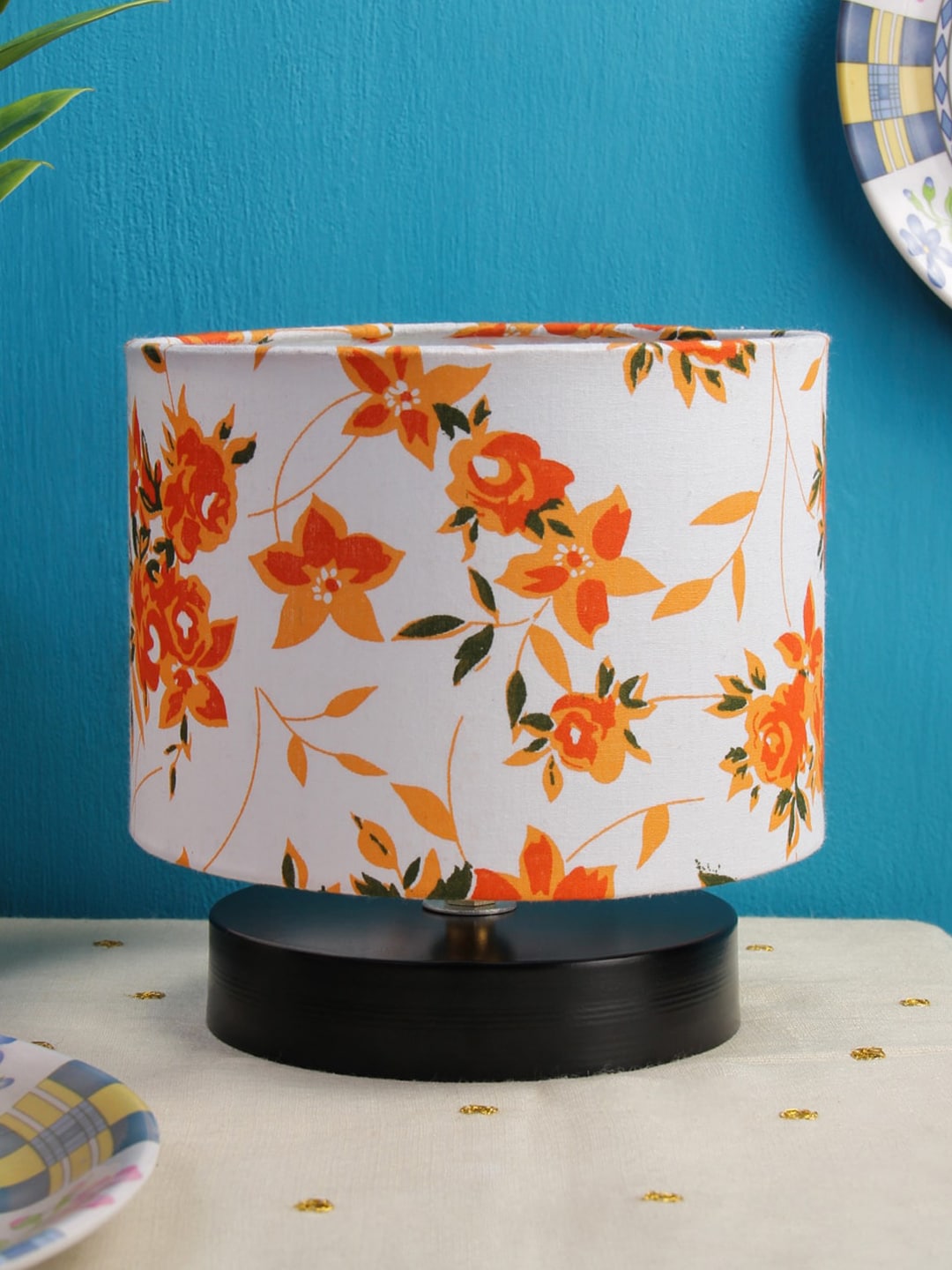 Devansh White & Orange Drum Designer  Printed Cotton Shade Table Lamp with  Base Price in India