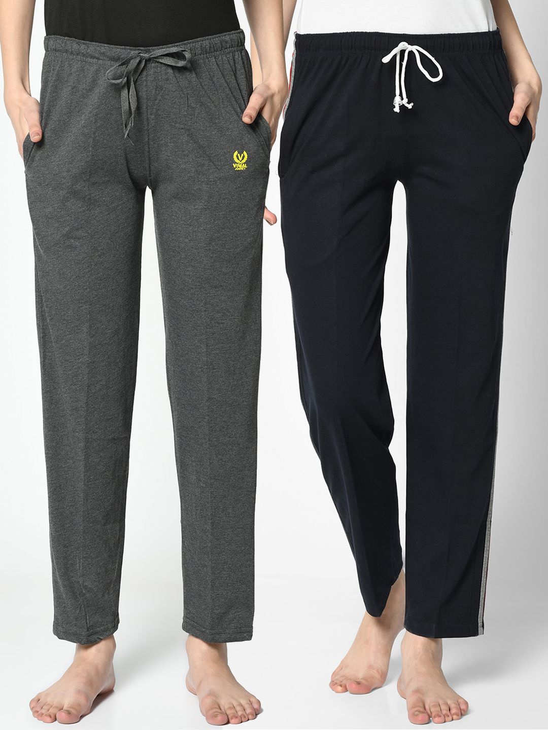 VIMAL JONNEY Women Pack of 2 Grey & Navy Blue Solid Lounge Pants Price in India