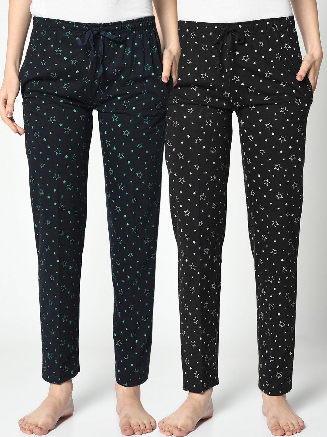 VIMAL JONNEY Women Pack Of 2 Black & Navy Blue Printed Lounge Pants Price in India