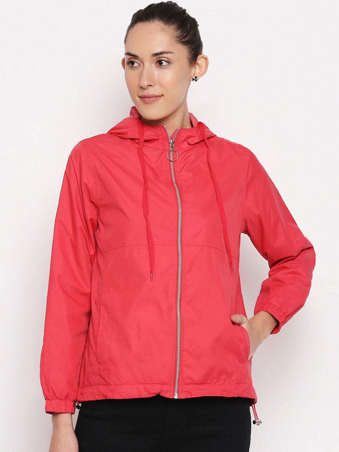 People Women Pink Solid Sporty Jacket Price in India