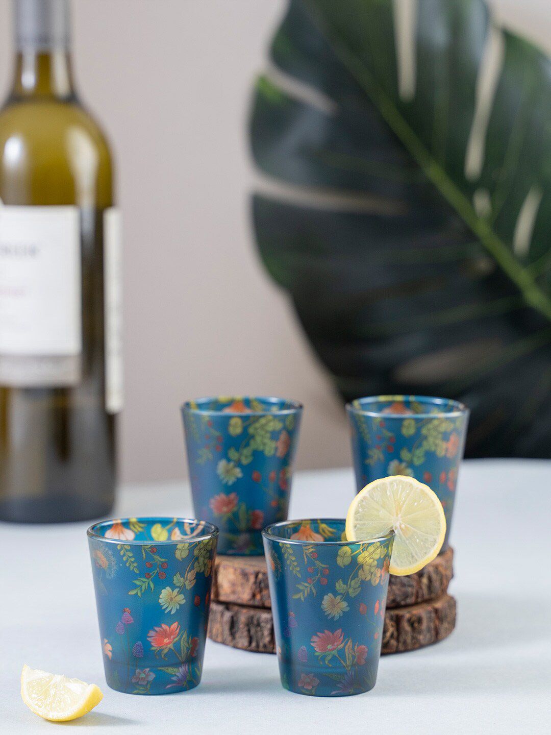 KOLOROBIA Set of 4 Blue & Green Floral Bliss Shot Glasses 30 ml Price in India