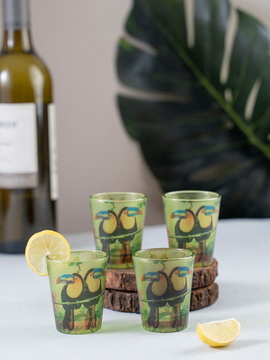 KOLOROBIA Set Of 4 Green & Black Toucan Frosted Shot Glasses Price in India