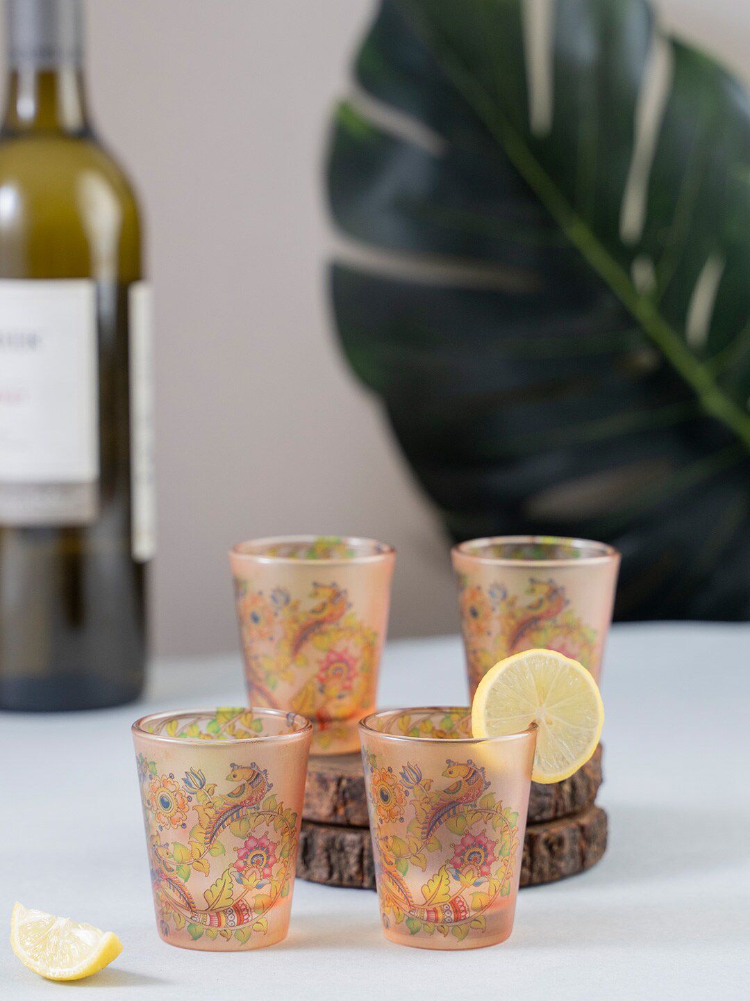 KOLOROBIA Set Of 4 Beige & Pink Kalamkari Finesse Frosted Shot Glass Price in India