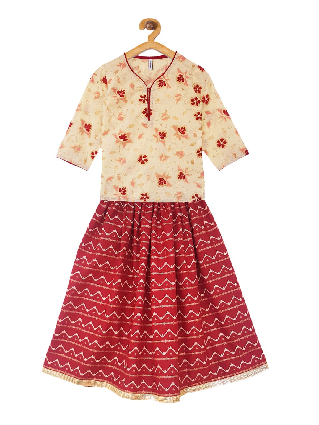 Campana Girls Maroon & Beige Printed Ready to Wear Lehenga with Blouse