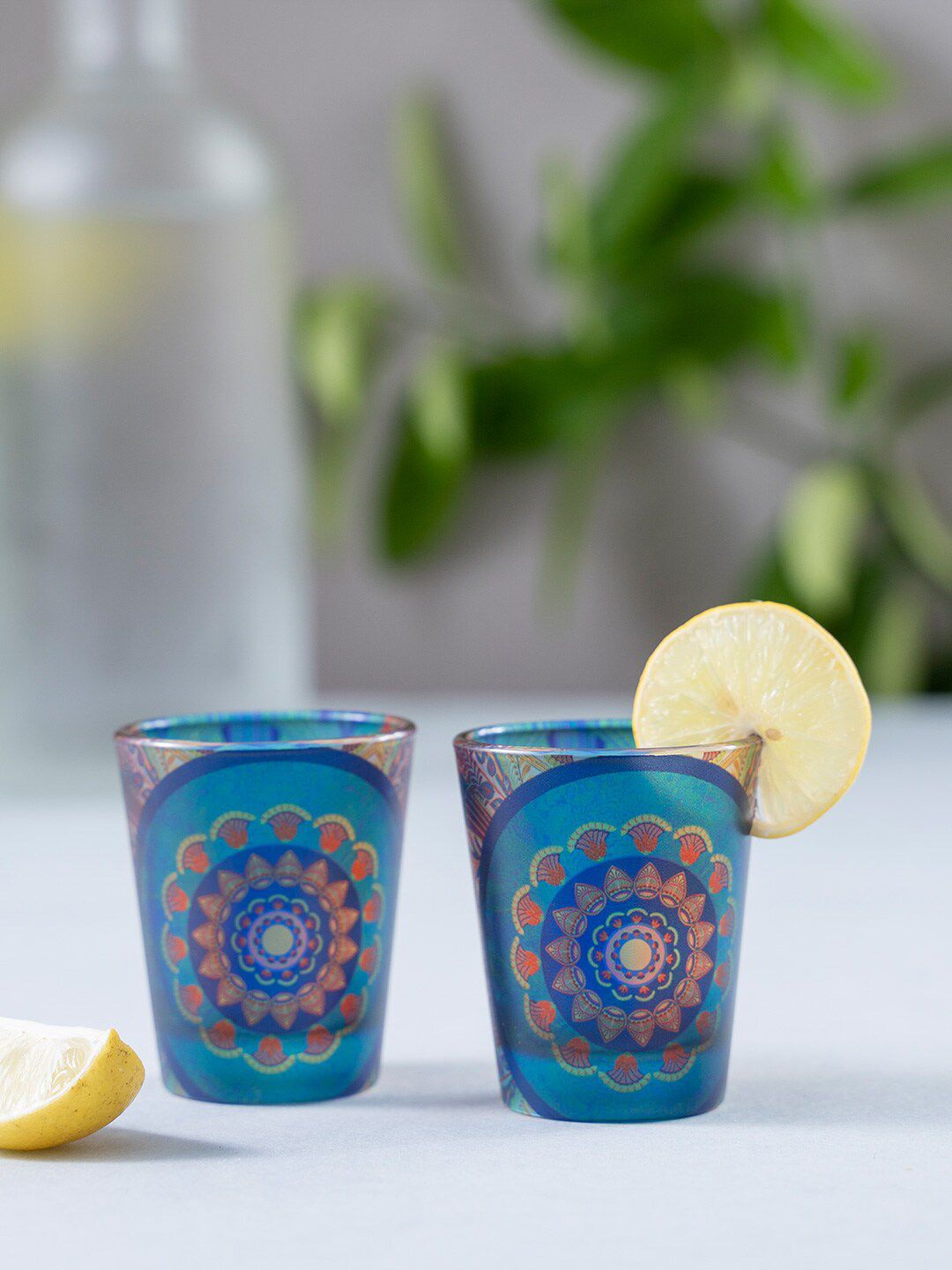 KOLOROBIA Set Of 2 Blue & Red Egyptian Tranquility Frosted Shot Glasses Price in India