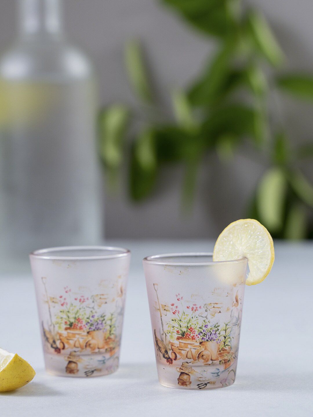KOLOROBIA Set Of 2 Beige & Pink English Themed Garden Frosted Shot Glasses Price in India