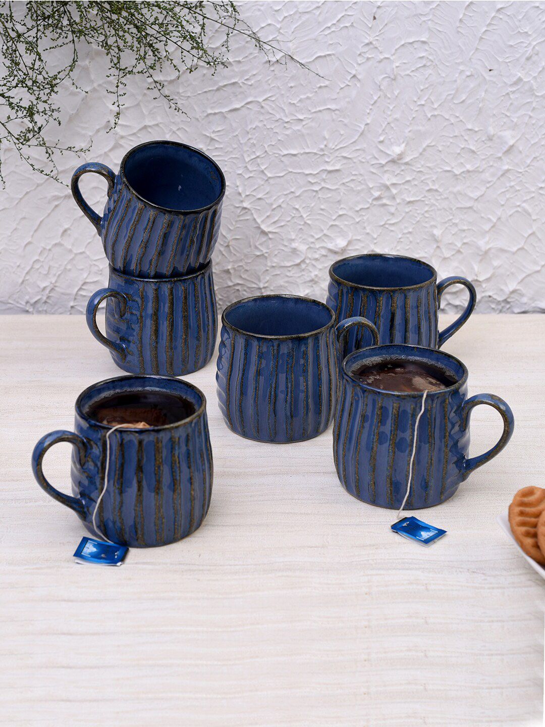 Unravel India Set Of 6 Blue & Grey Printed Handmade Ceramic Cups Price in India