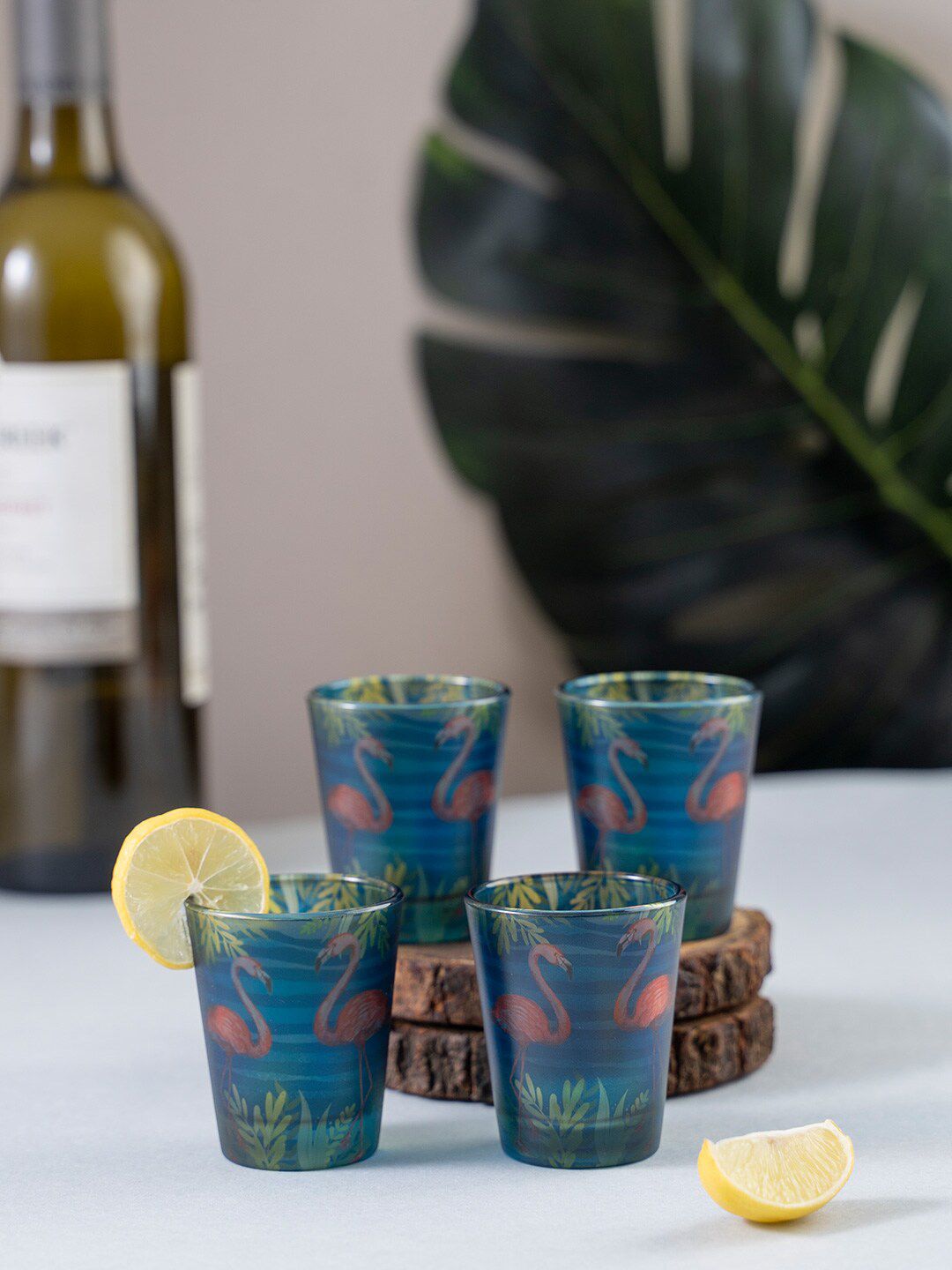 KOLOROBIA Set Of 4 Blue & Green Tropical Flamingo Frosted Shot Glasses Price in India