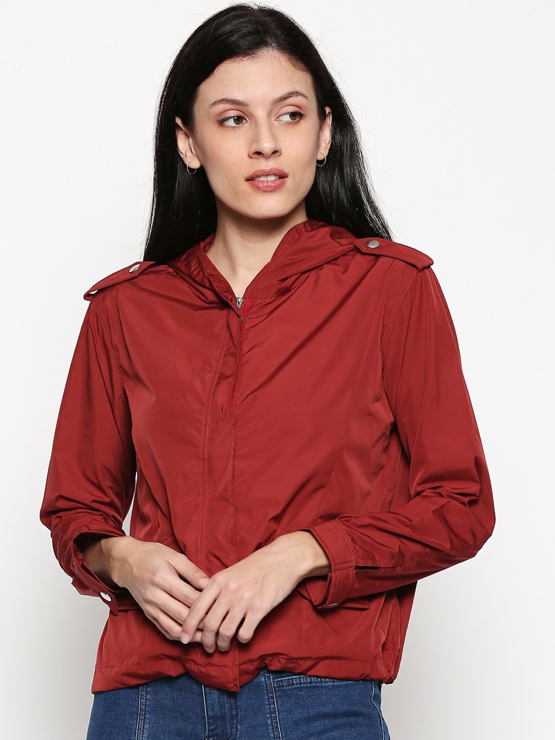 People Women Maroon Solid Bomber Jacket Price in India