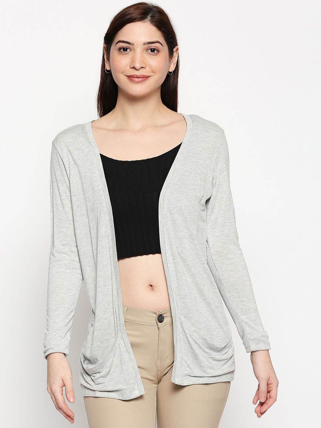 People Women Grey Solid Open Front Shrug Price in India