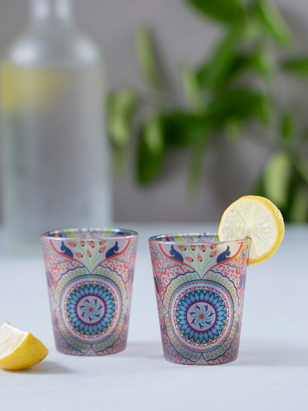 KOLOROBIA Set Of 2 Blue & Orange Turkish Fervor Frosted Shot Glasses Price in India
