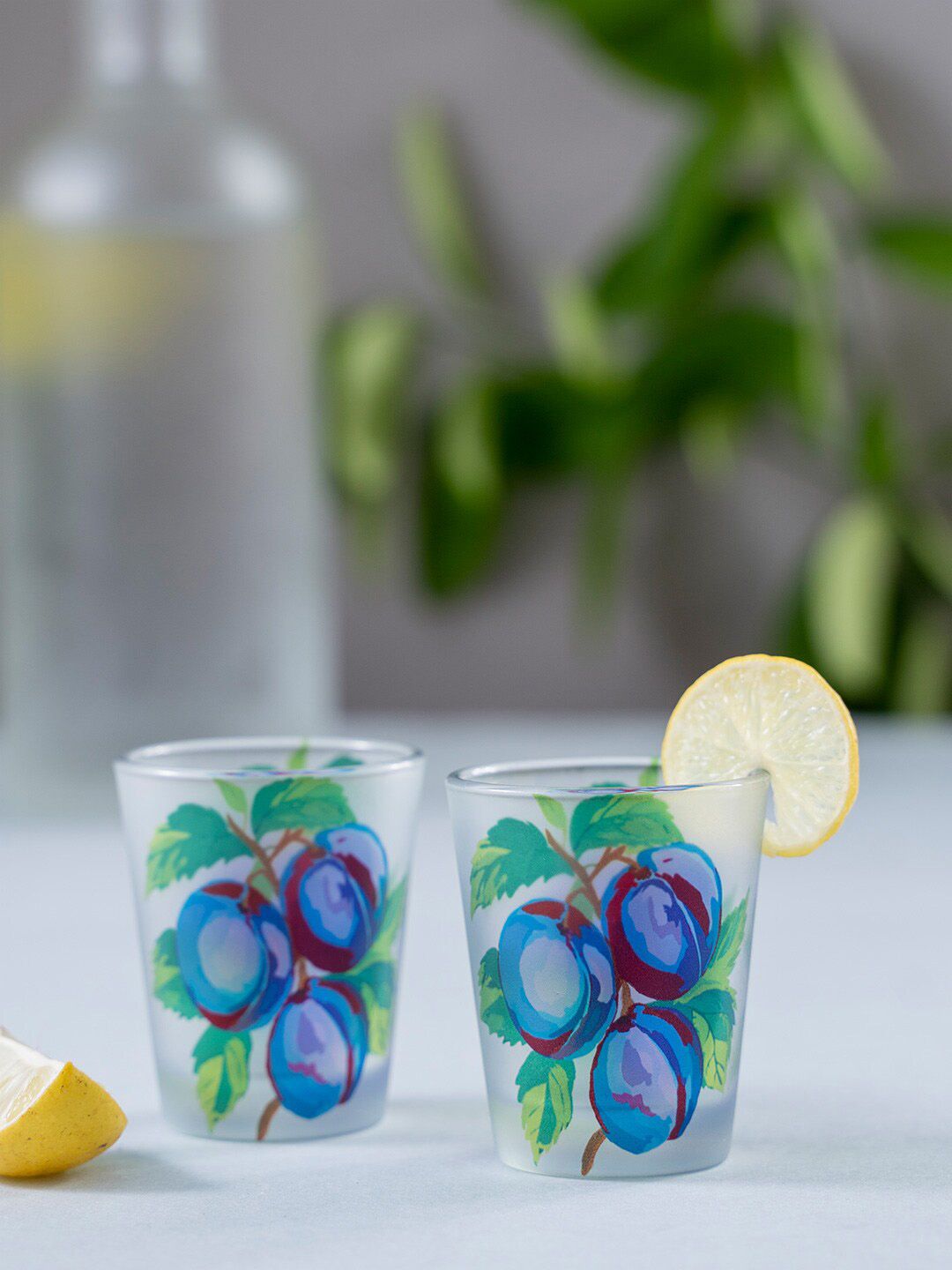 KOLOROBIA Set Of 2 Blue & Green Italian Prune Plums Frosted Shot Glasses Price in India