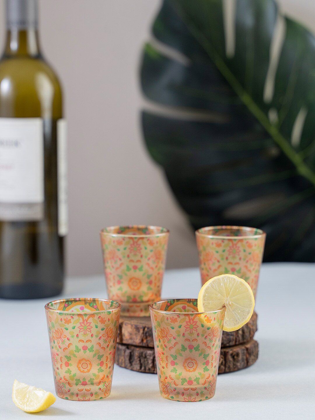 KOLOROBIA Set Of 4 Peach-Coloured & Orange Mughal Blooms Frosted Shot Glasses Price in India