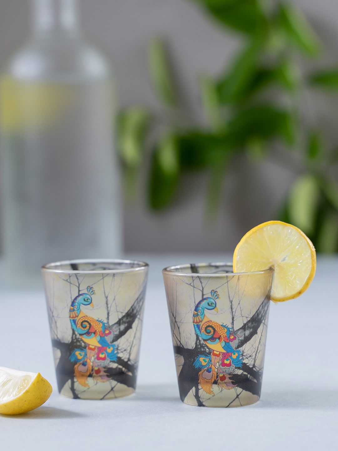 KOLOROBIA Set Of 2 Beige & Blue Charismatic Peacock Frosted Shot Glasses Price in India