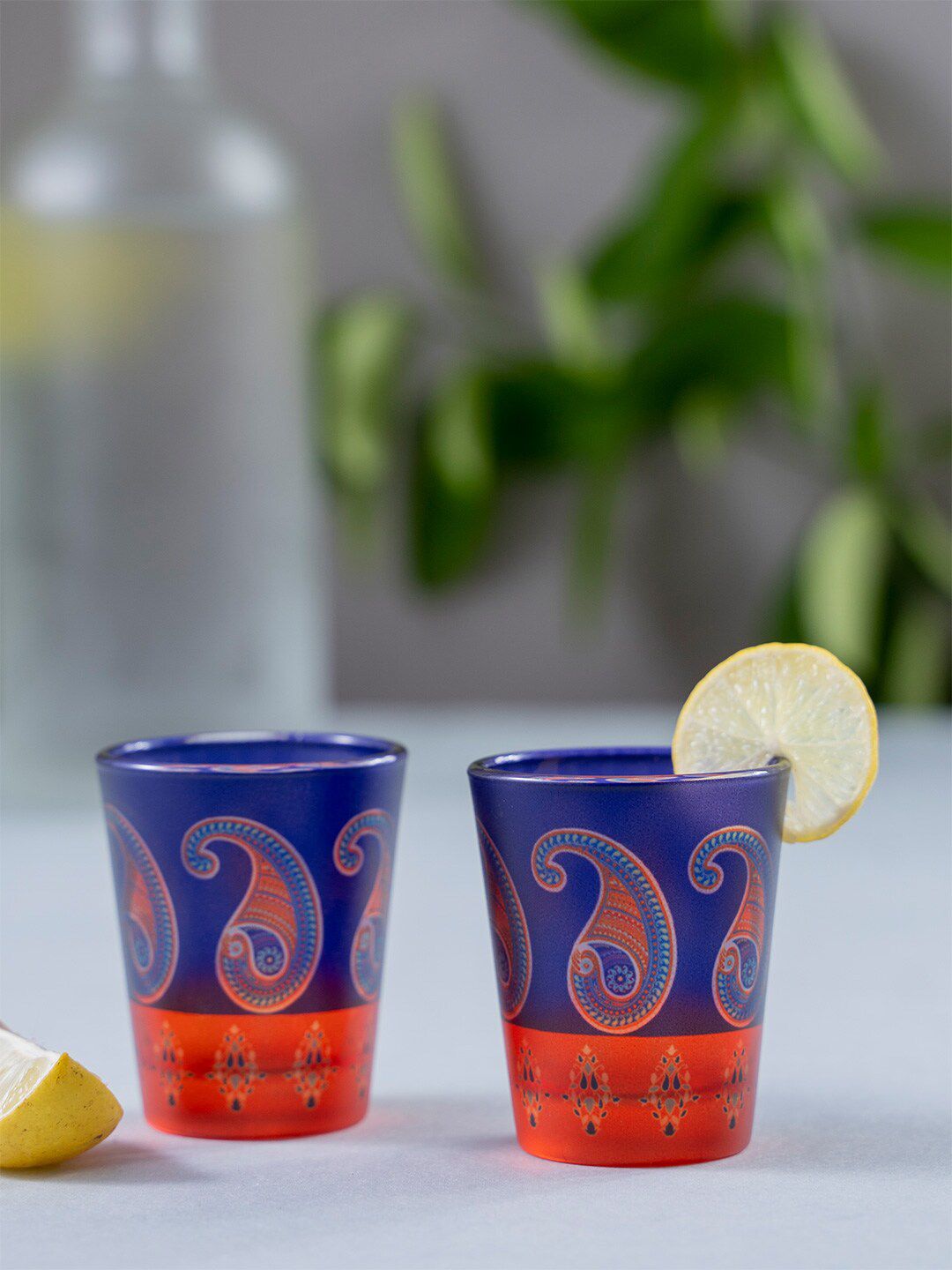 KOLOROBIA Set of 2 Blue & Red English Splendid Paisley Shot Glasses 30 ml Price in India