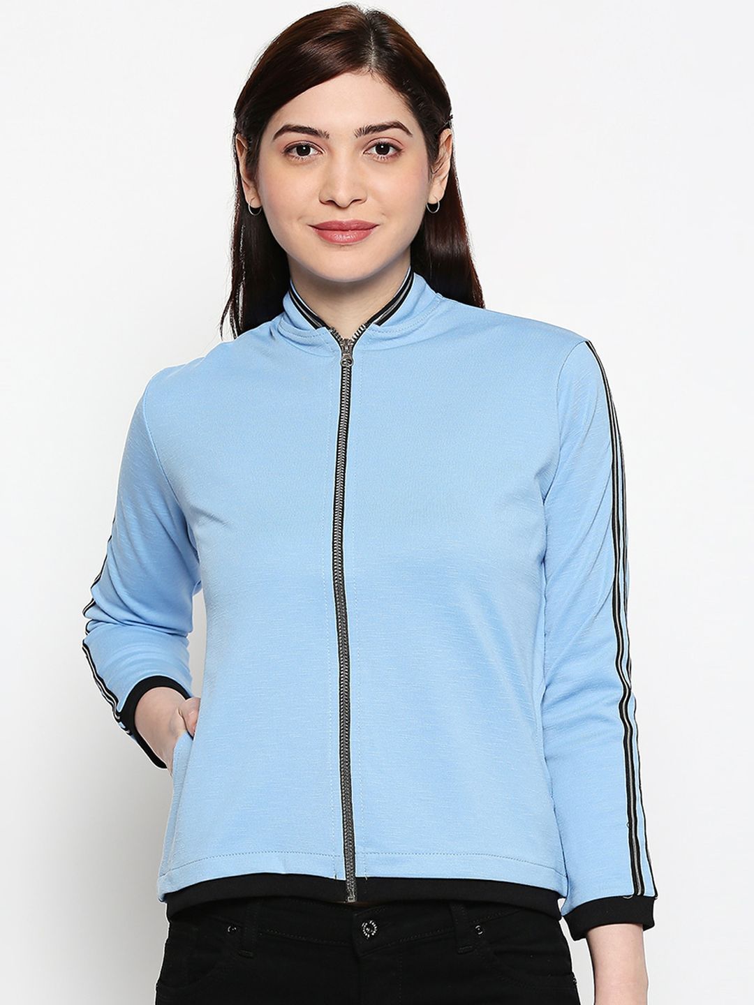 inocenCia Women Blue Colourblocked Lightweight Bomber Price in India