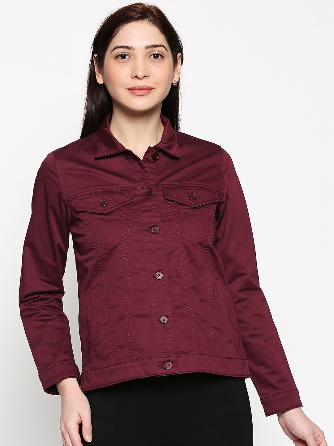 People Women Maroon Solid Tailored Jacket Price in India
