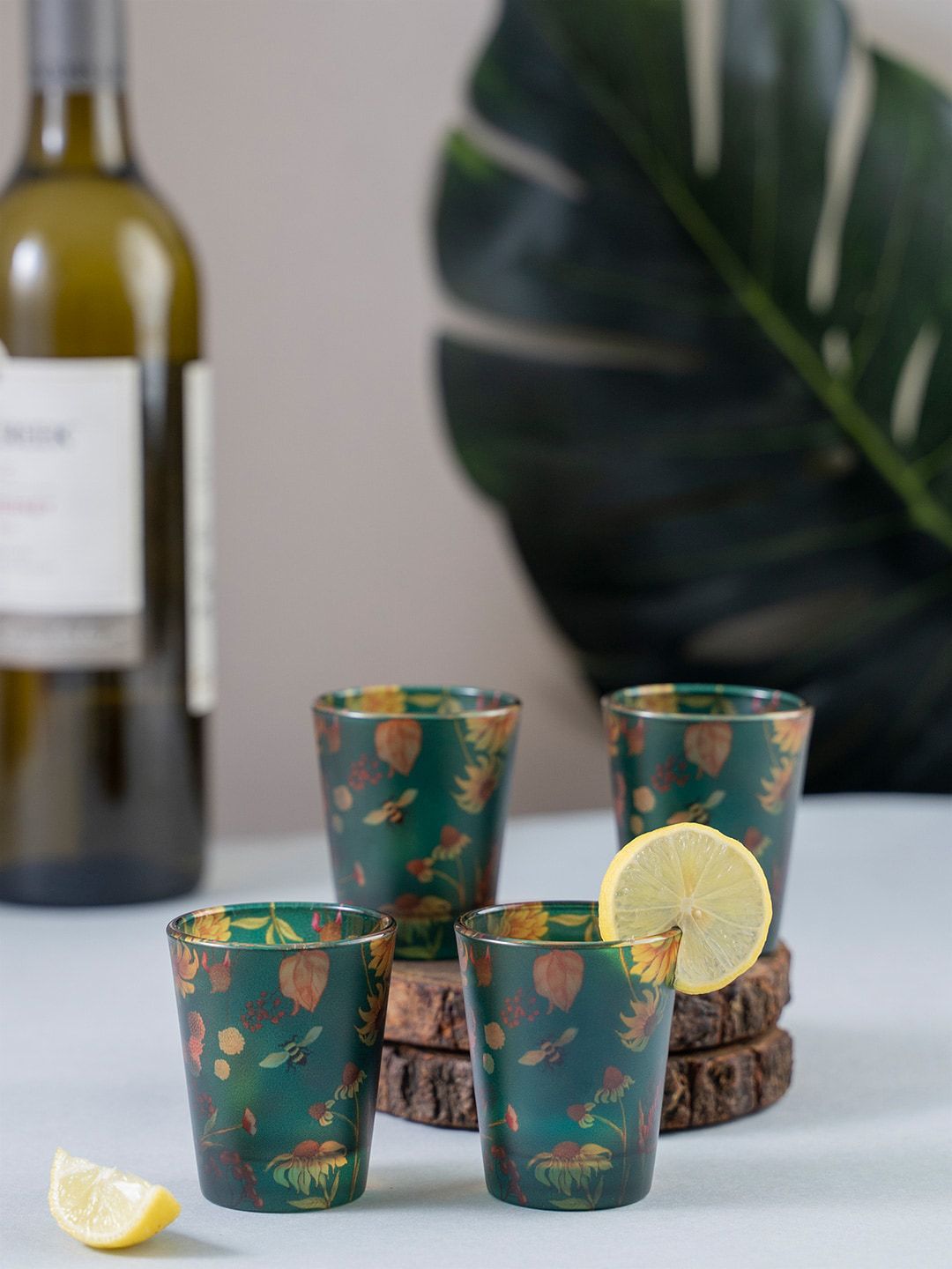 KOLOROBIA Set Of 4 Green & Yellow Floral Bliss Shot Glasses Price in India
