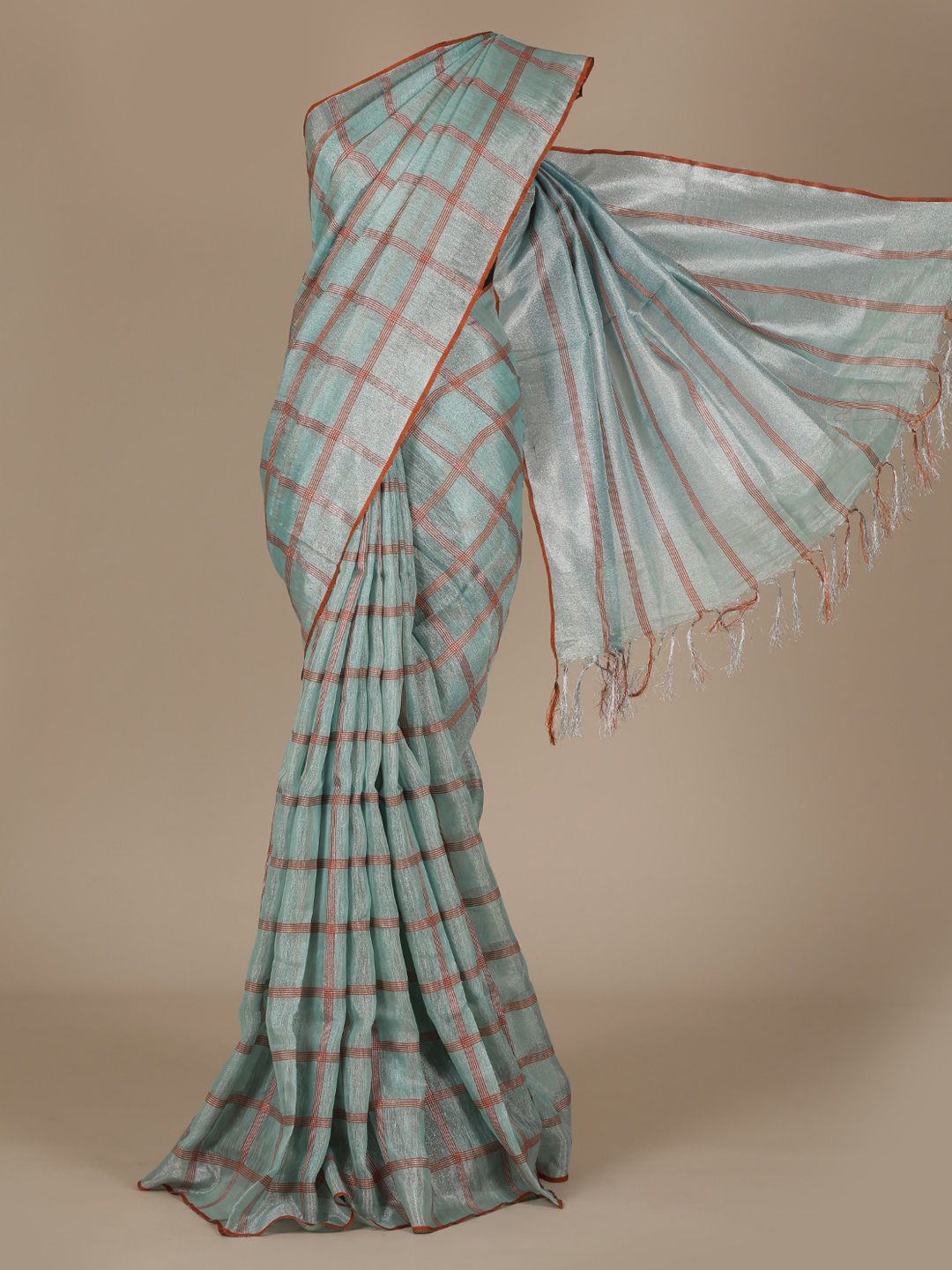 Pothys Blue and Orange Checked Pure Linen Saree