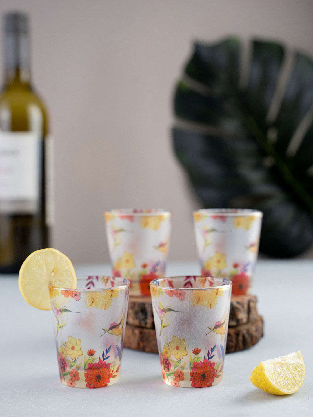 KOLOROBIA Set Of 4 Yellow & Red Humming Bird Frosted Shot Glasses Price in India