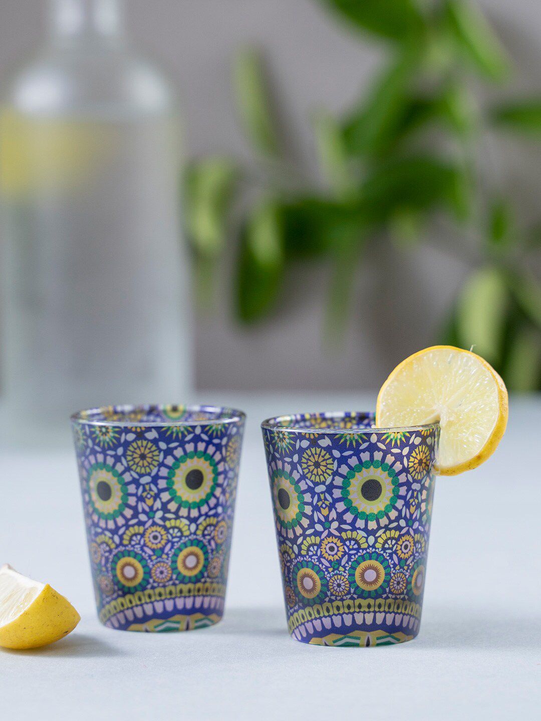 KOLOROBIA Set Of 2 Blue & White Moroccan Inspiration Frosted Shot Glasses Price in India