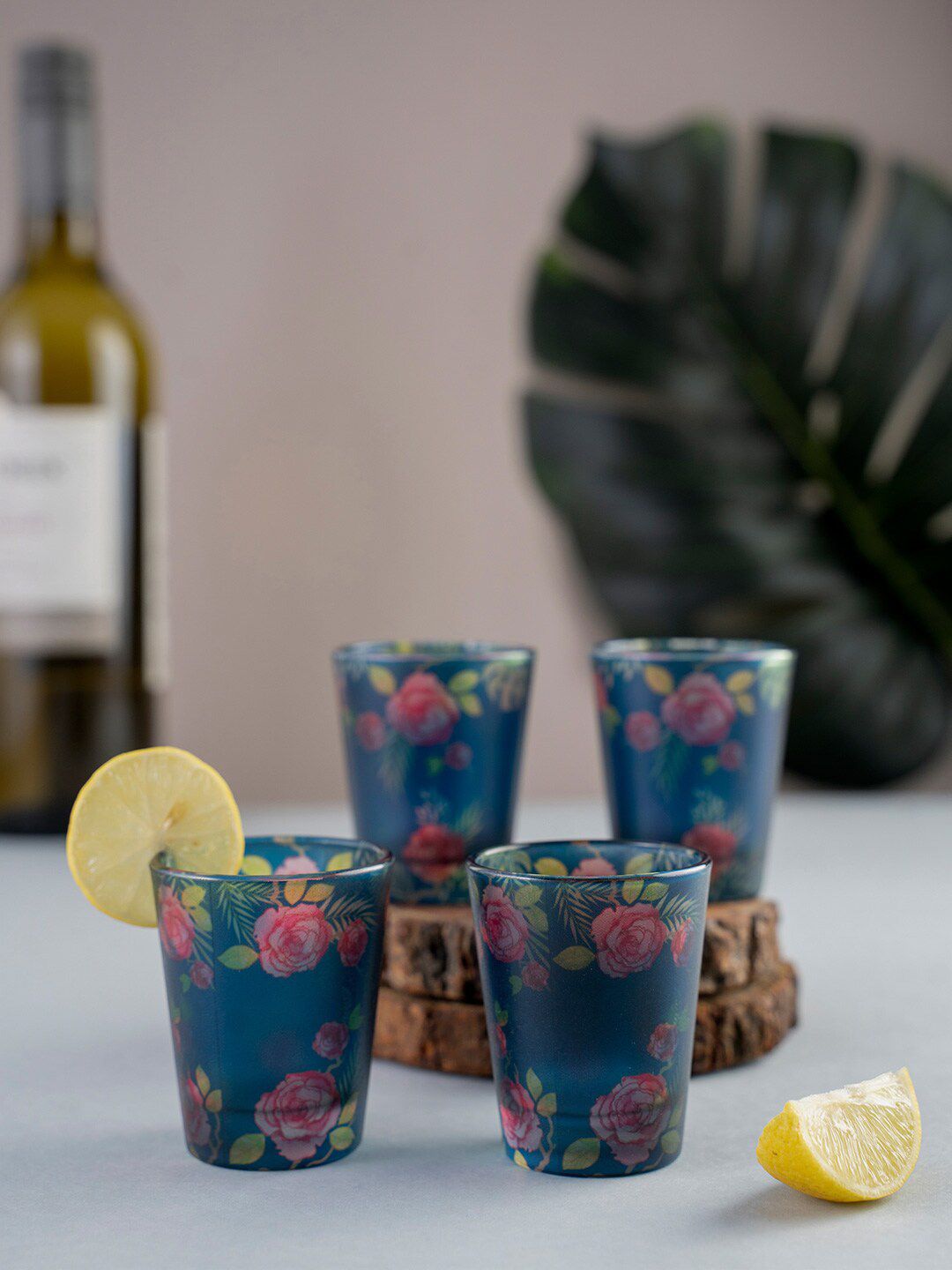 KOLOROBIA Set Of 4 Blue & Pink Misty Morning Roses Frosted Shot Glasses Price in India