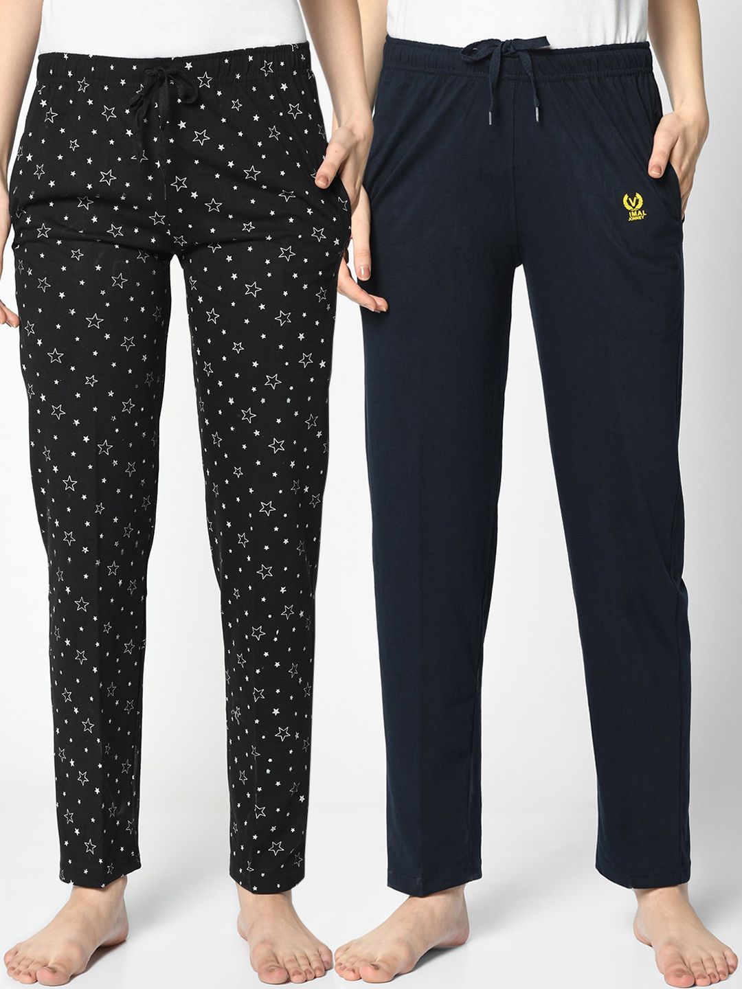 VIMAL JONNEY Women Pack of 2 Black & Navy Blue Solid Lounge Pants Price in India