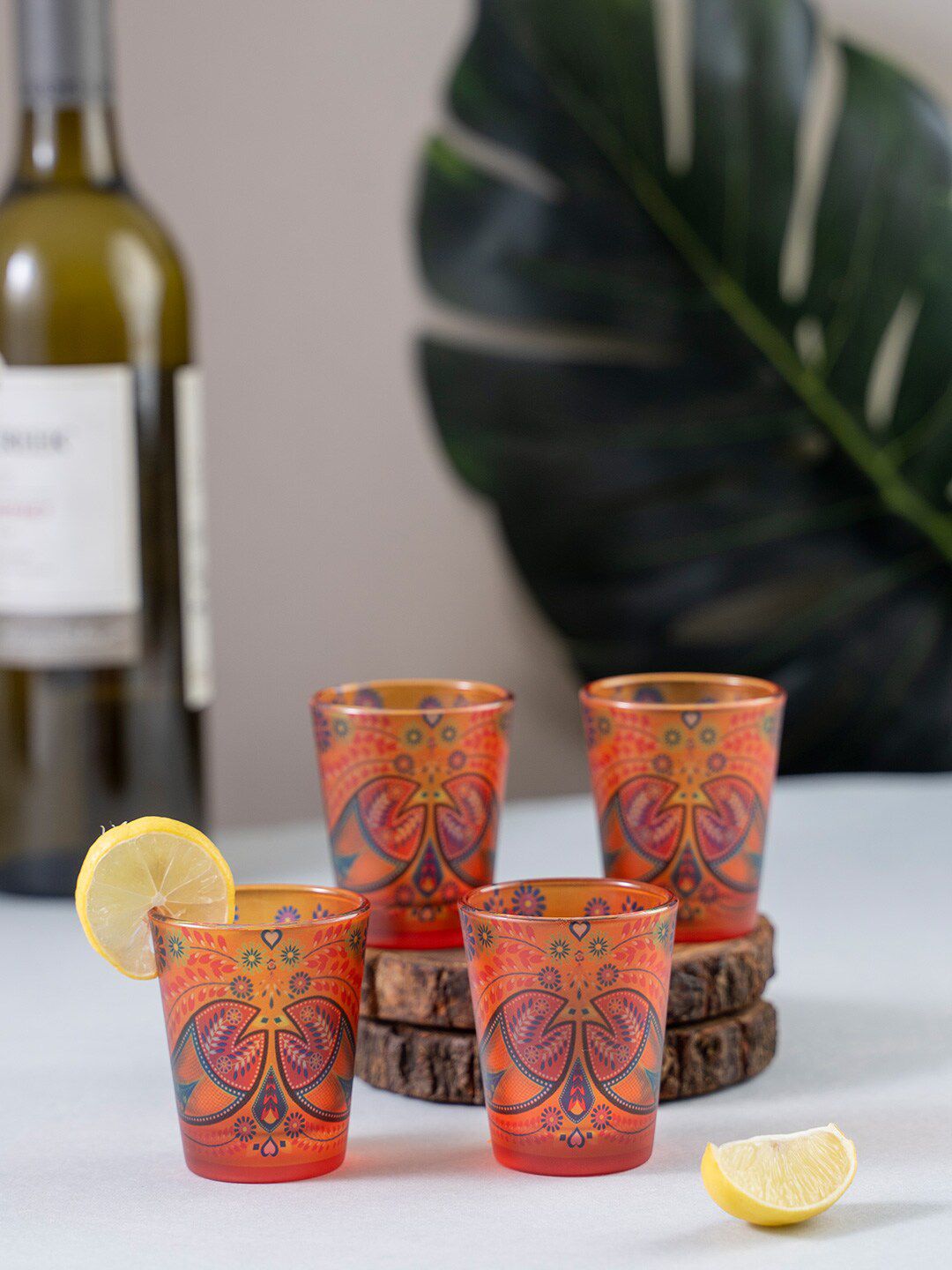 KOLOROBIA Set Of 4 Orange & Teal Blue Truck Art Fishes Frosted Shot Glass Price in India