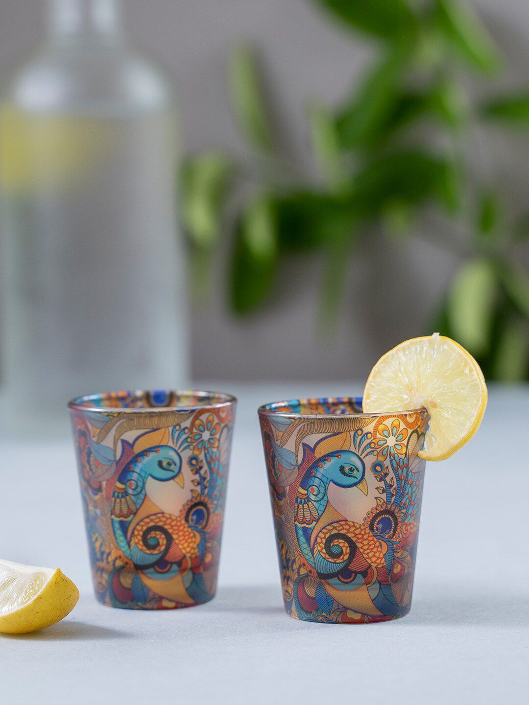 KOLOROBIA Set Of 2 Pink & Blue Peacock Admiration Frosted Shot Glasses Price in India