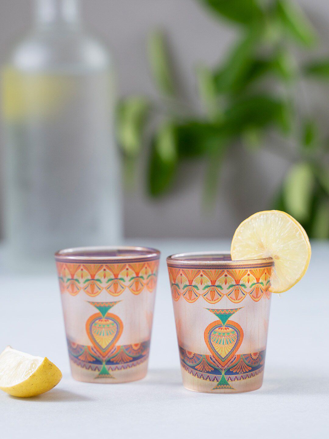 KOLOROBIA Set Of 2 Peach-coloured & Yellow Sylvan Egyptian Frosted Shot Glass Price in India