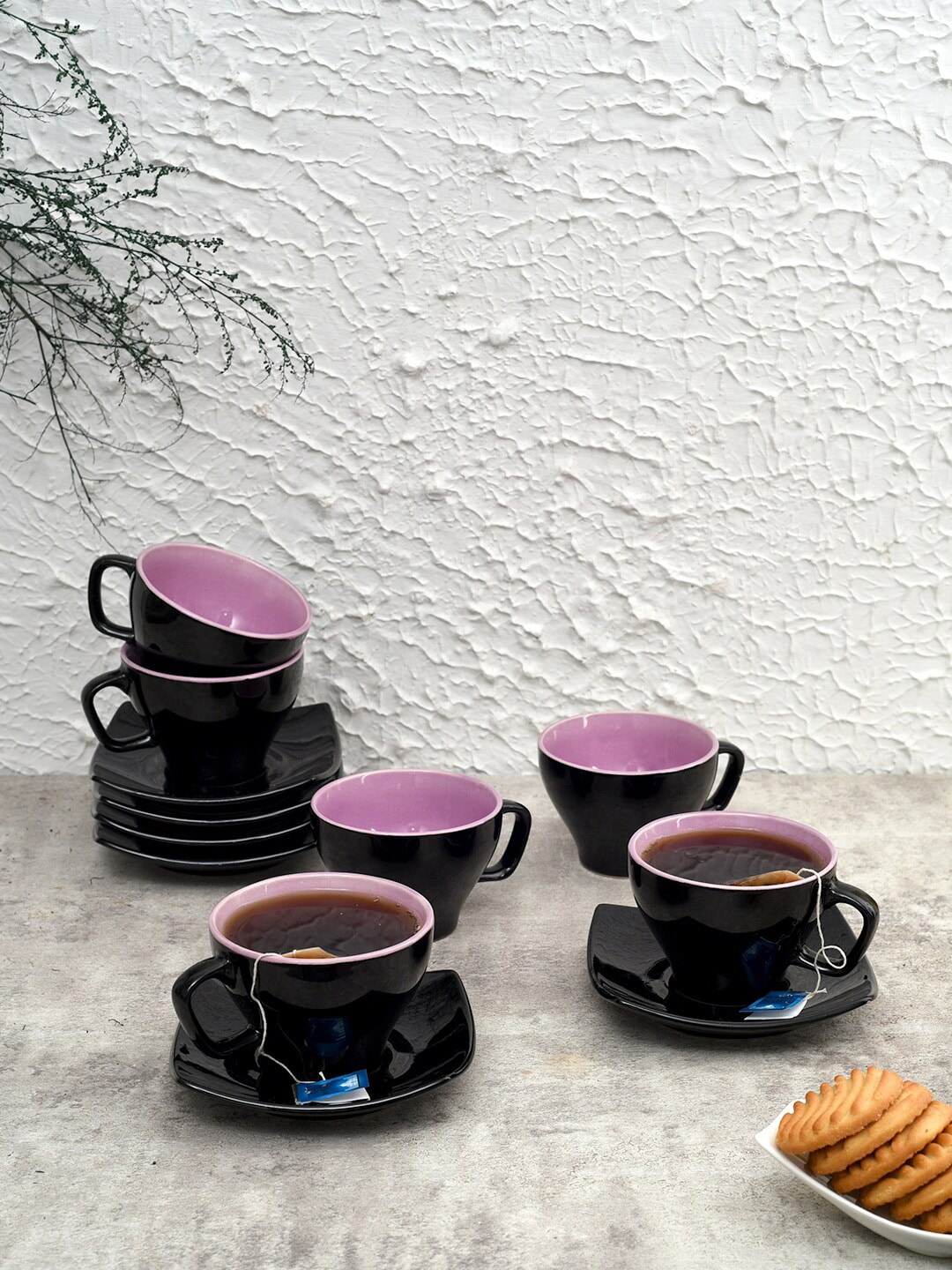 Unravel India Black Solid 12-Pieces Ceramic Cups & Saucer Set Price in India