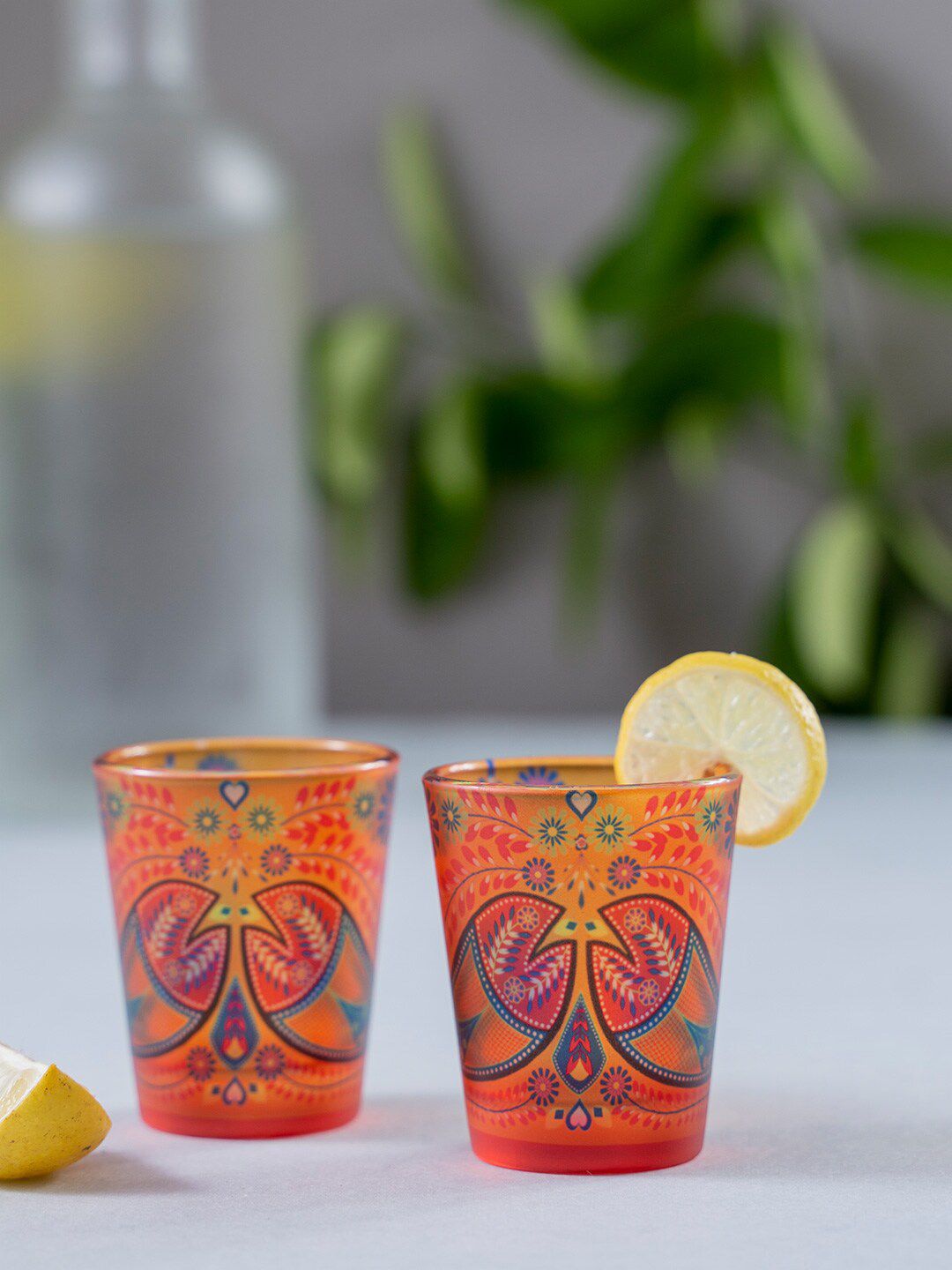KOLOROBIA Set of 2 Orange & Blue Truck Art Fishes Frosted Shot Glass Price in India