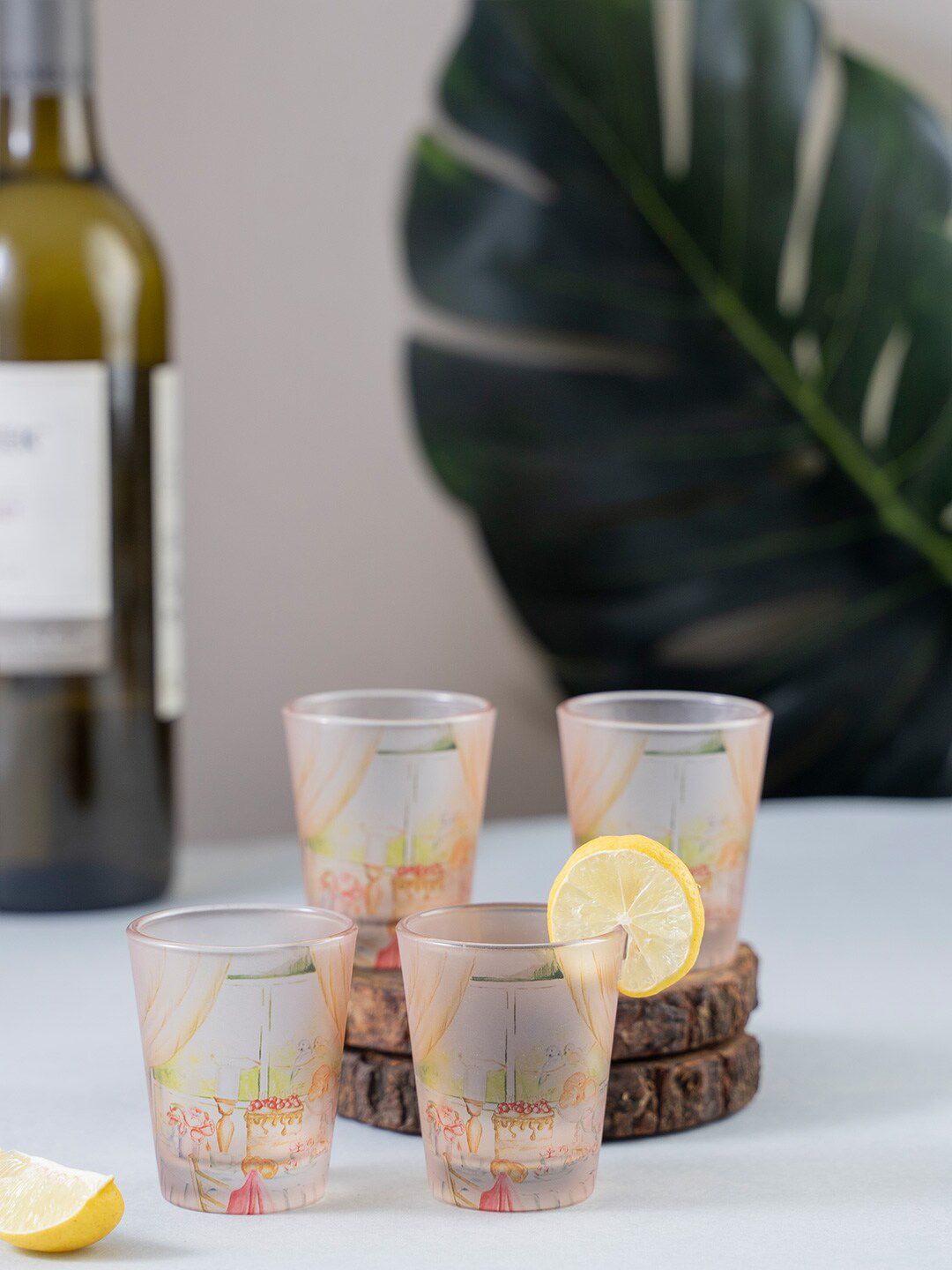 KOLOROBIA Set Of 4 Peach-Coloured & Beige English Tea Party Frosted Shot Glasses Price in India