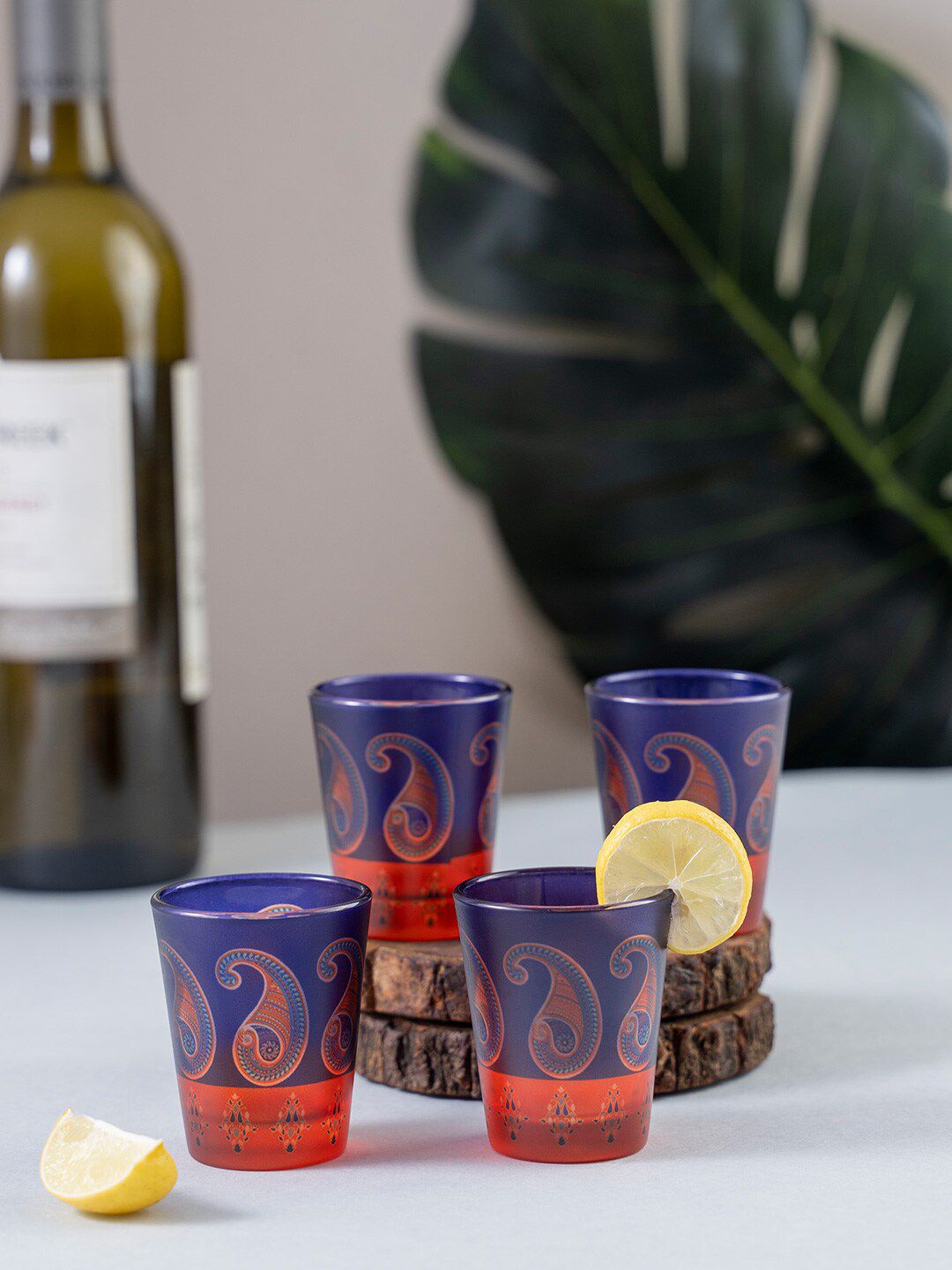 KOLOROBIA Set Of 4 Blue & Red Splendid Paisley Frosted Shot Glasses Price in India