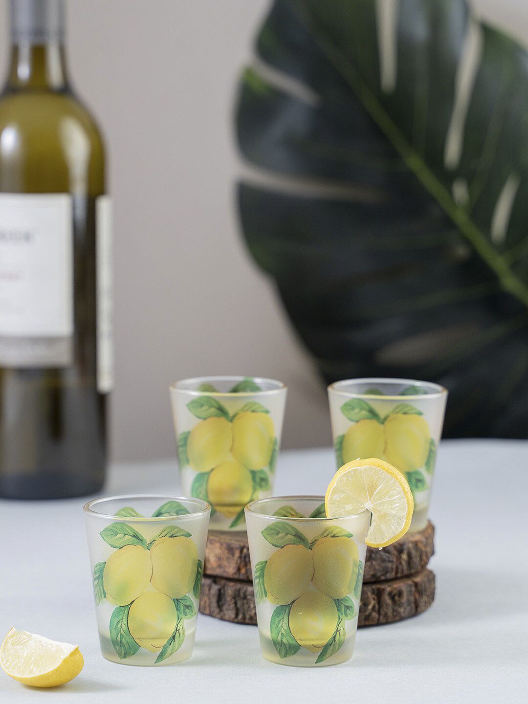 KOLOROBIA Set Of 4 Yellow & Green Zesty Lemons Frosted 30ml Shot Glasses Price in India