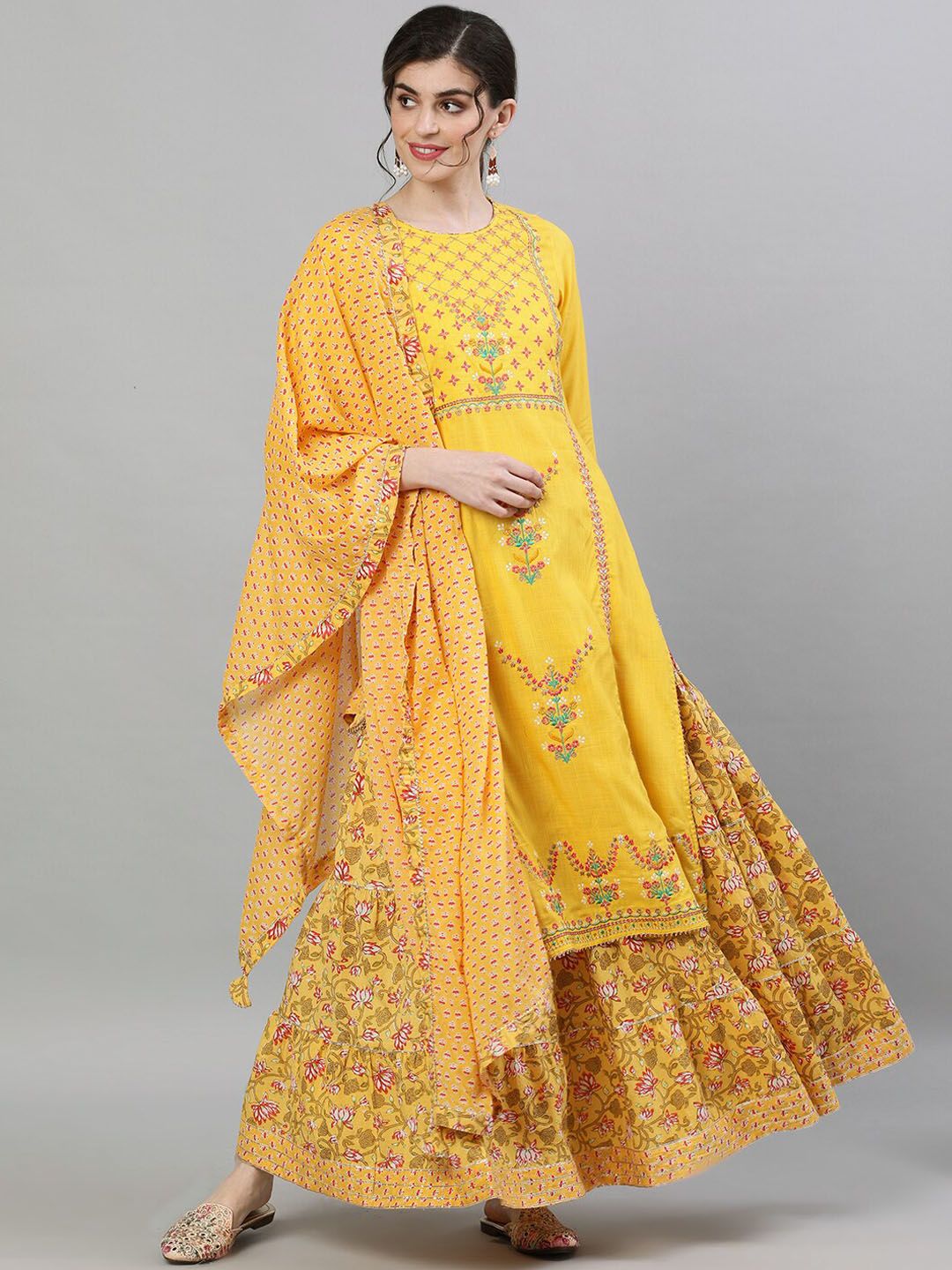 Ishin Women Yellow & Red Embroidered Kurta with Skirt & Dupatta Price in India