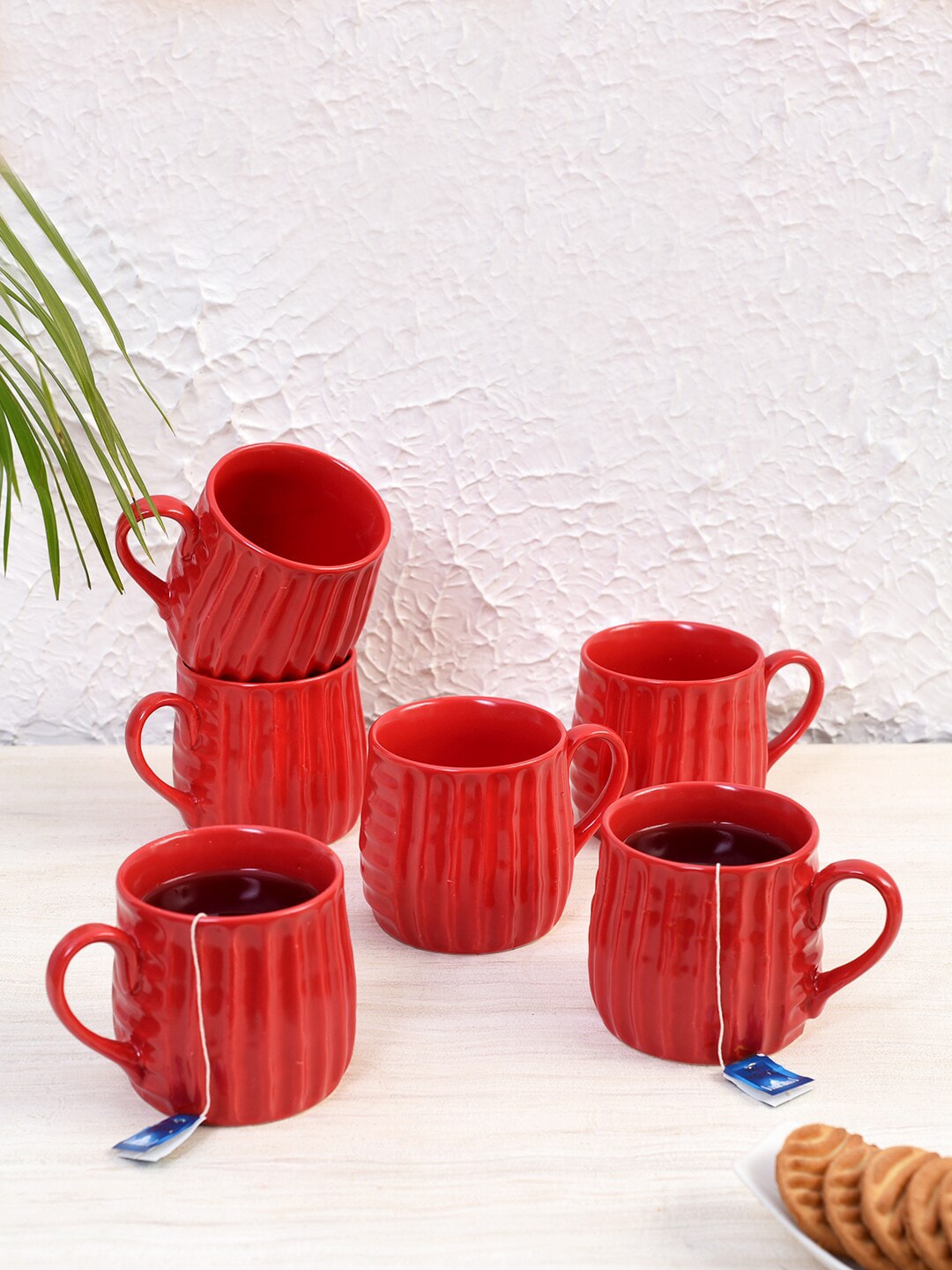 Unravel India Set Of 6 Red Textured Handmade Ceramic Cups Price in India