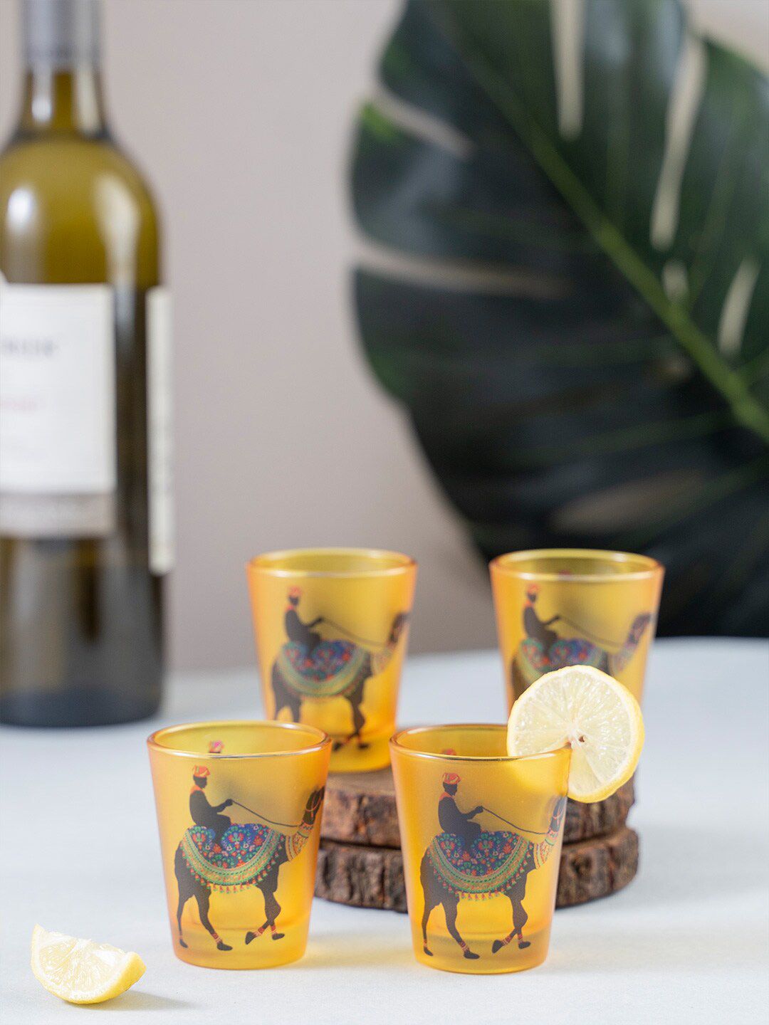 KOLOROBIA Set Of 4 Yellow & Black Princely Camel Frosted Shot Glasses Price in India