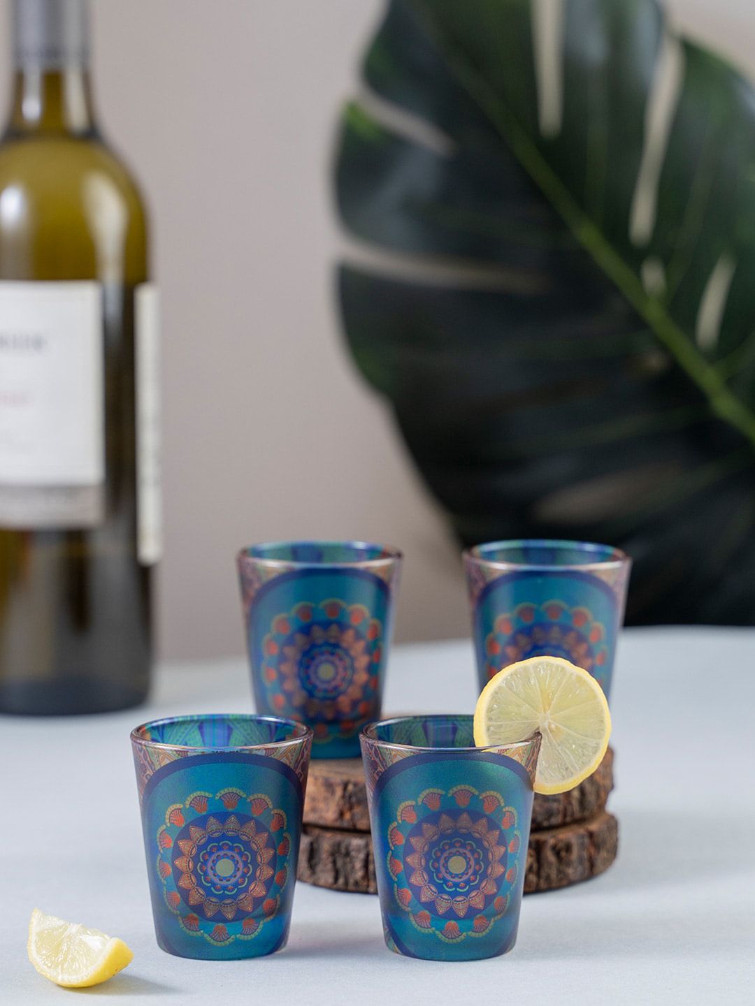 KOLOROBIA Set Of 4 Blue & Red Egyptian Tranquility Frosted Shot Glasses Price in India