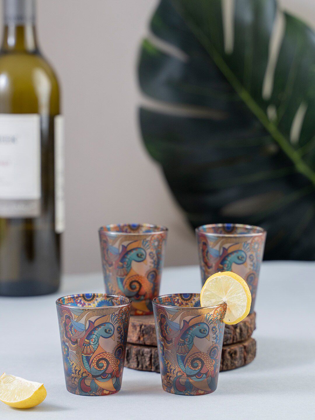 KOLOROBIA Set Of 4 Blue & Orange Peacock Admiration Frosted 30ml Shot Glasses Price in India