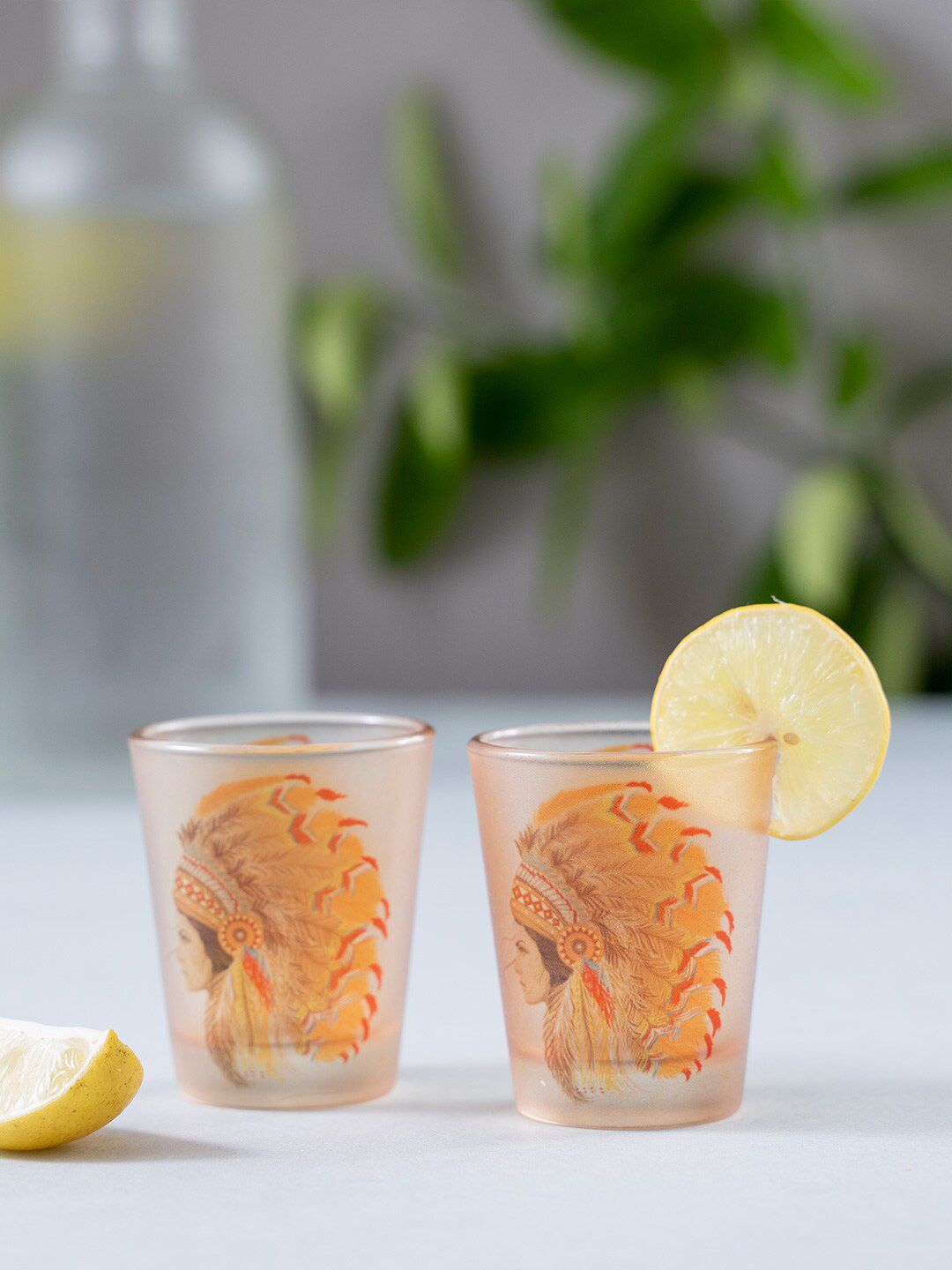 KOLOROBIA Set Of 2 Peach-Coloured & Yellow Red Indian Female Frosted Shot Glasses Price in India