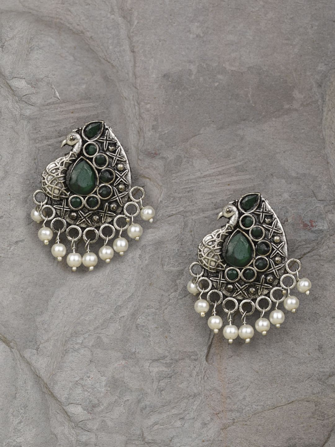 Priyaasi Silver-Toned & Green Contemporary Studs Price in India