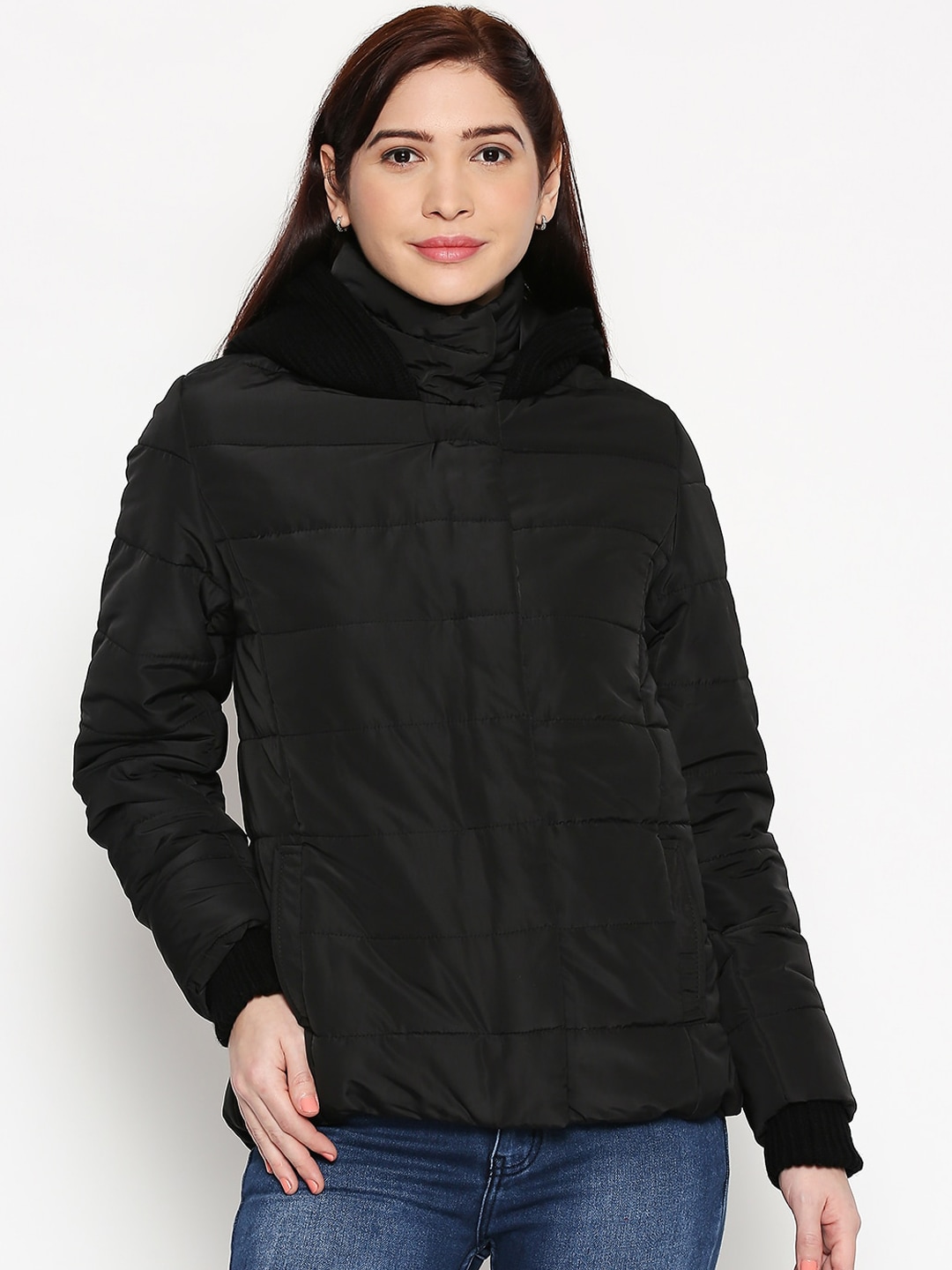 People Women Black Solid Padded Jacket Price in India