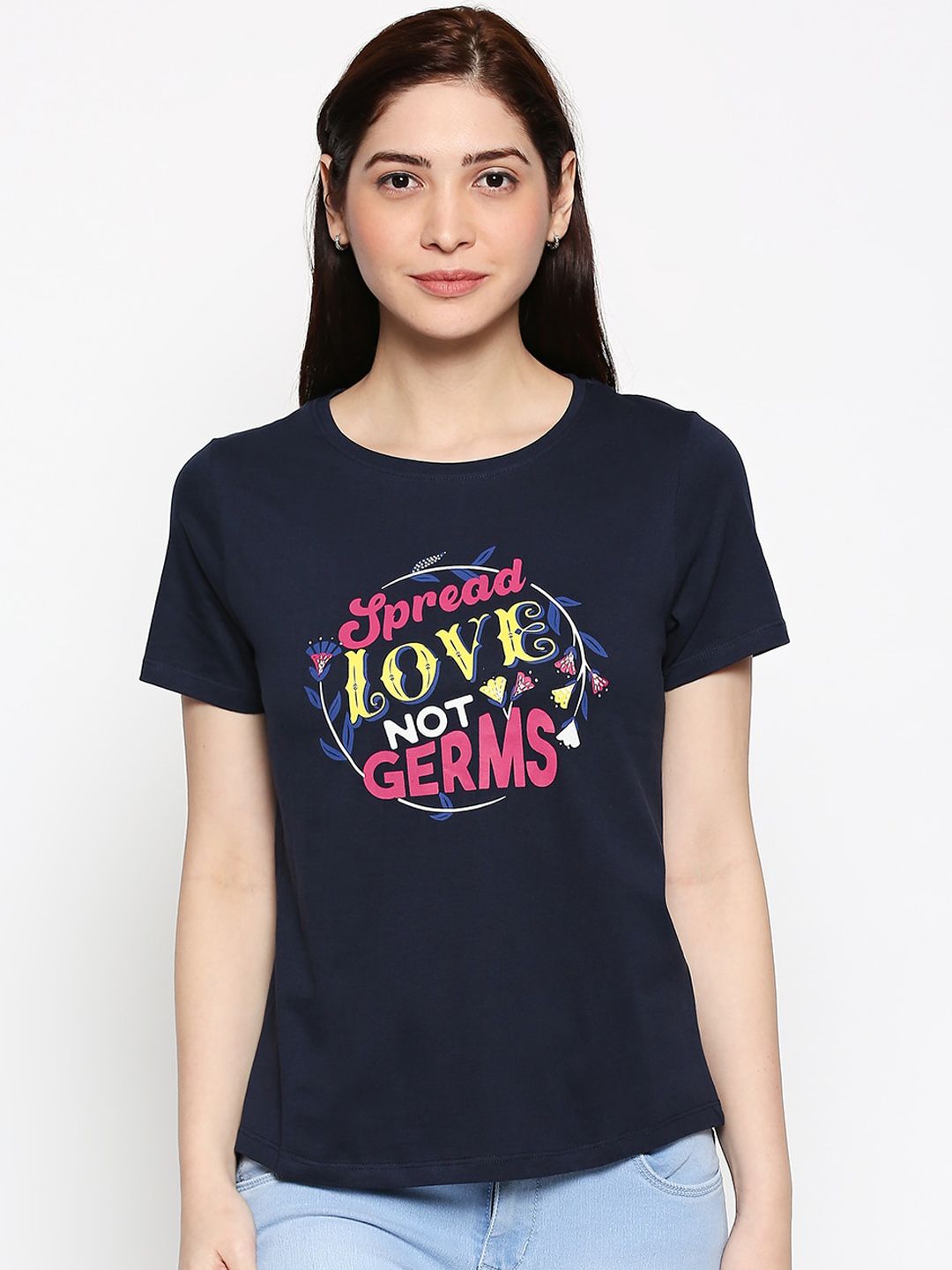 People Women Navy Blue Printed Round Neck T-shirt