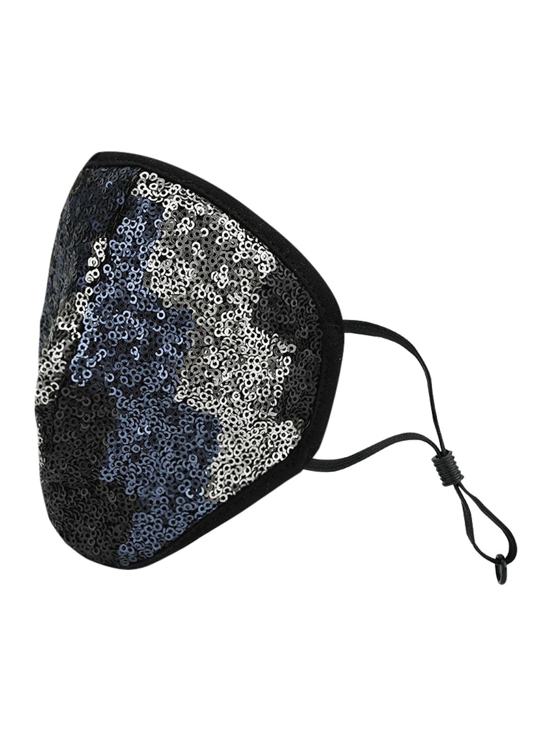 Kazo Women Black & Silver-Coloured Sequinned 2-Ply Striped Reusable Single Outdoor Mask Price in India