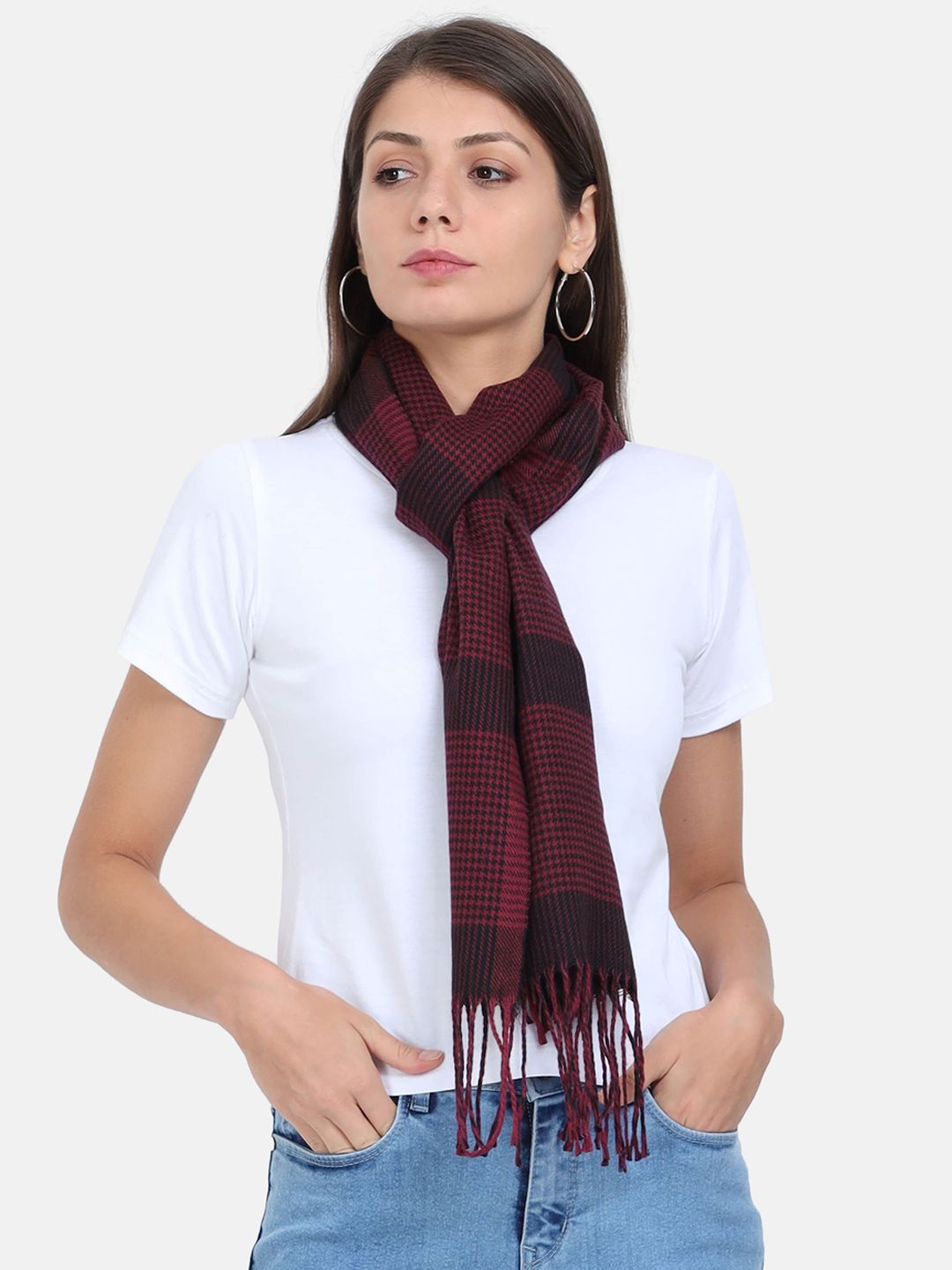 FabSeasons Women Maroon & Black Self-Design Scarf Price in India