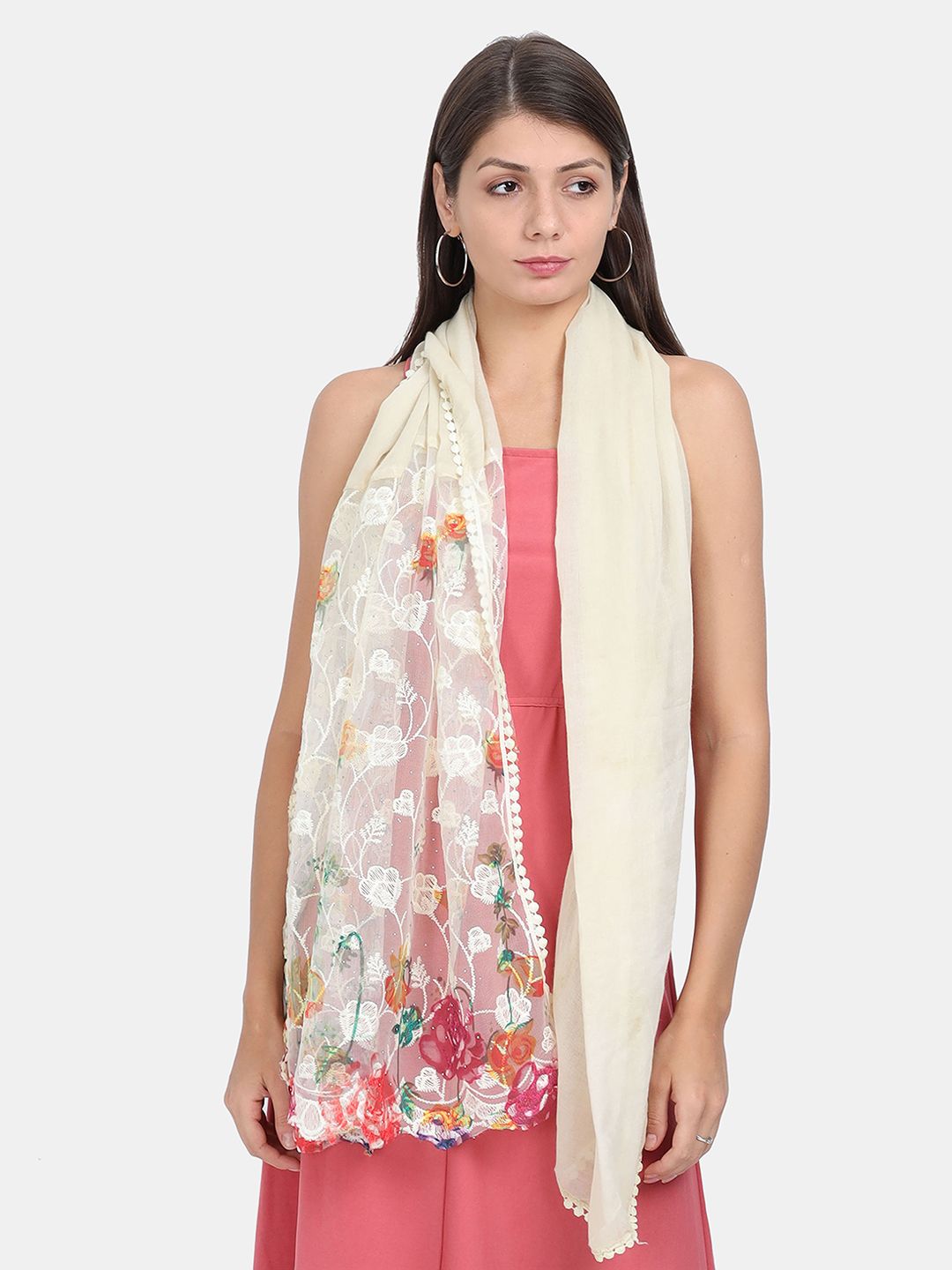 FabSeasons Women Off White & Green Embroidered Scarf Price in India