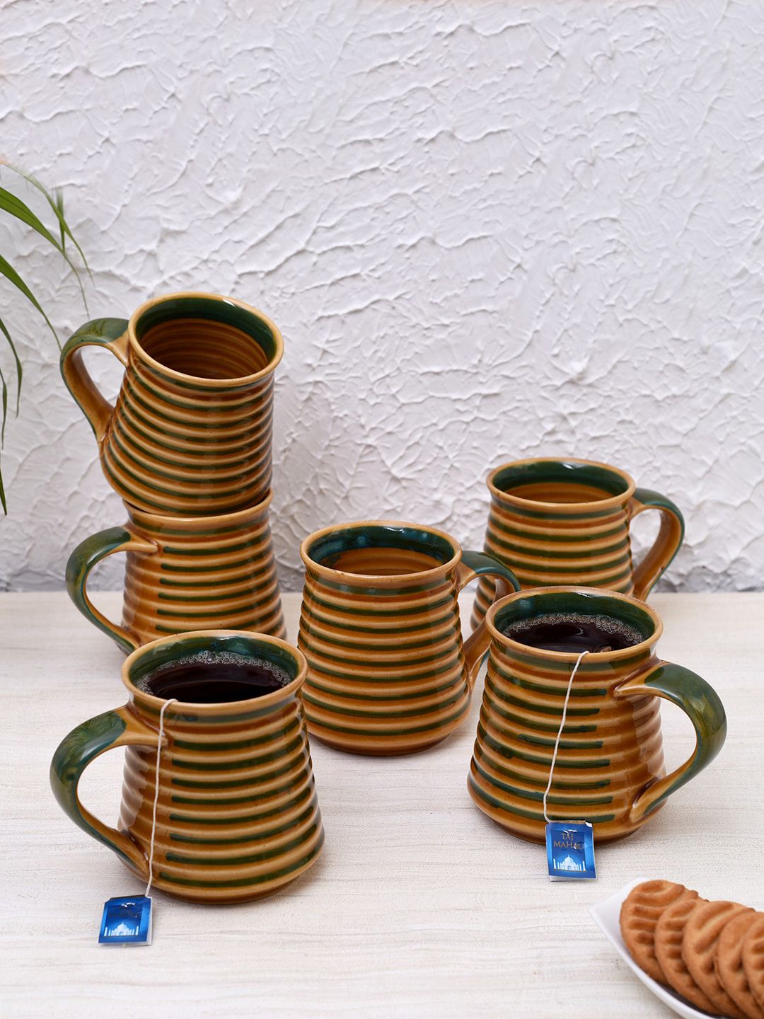 Unravel India Set Of 6 Brown & Green Textured Handmade Ceramic Cups Price in India