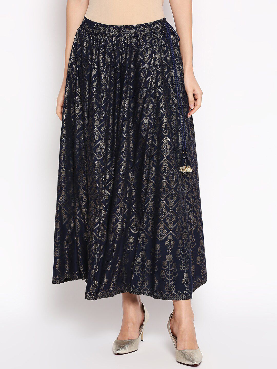 AKKRITI BY PANTALOONS Women Navy Blue & Silver Toned Floral Printed Flared Maxi Skirt